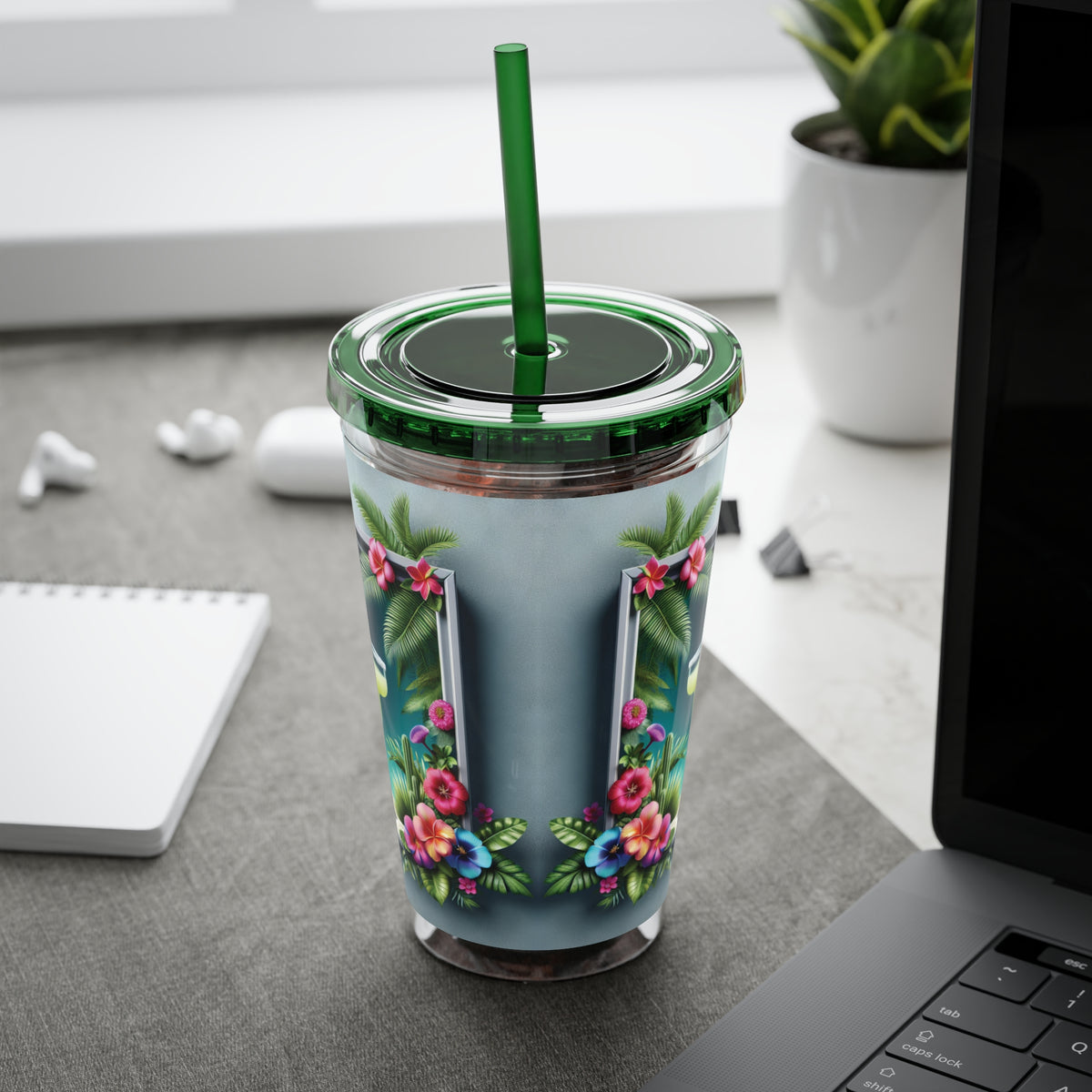 Tropical Tumbler with Straw | 16oz Colorful Travel Cup / Tropical Margarita