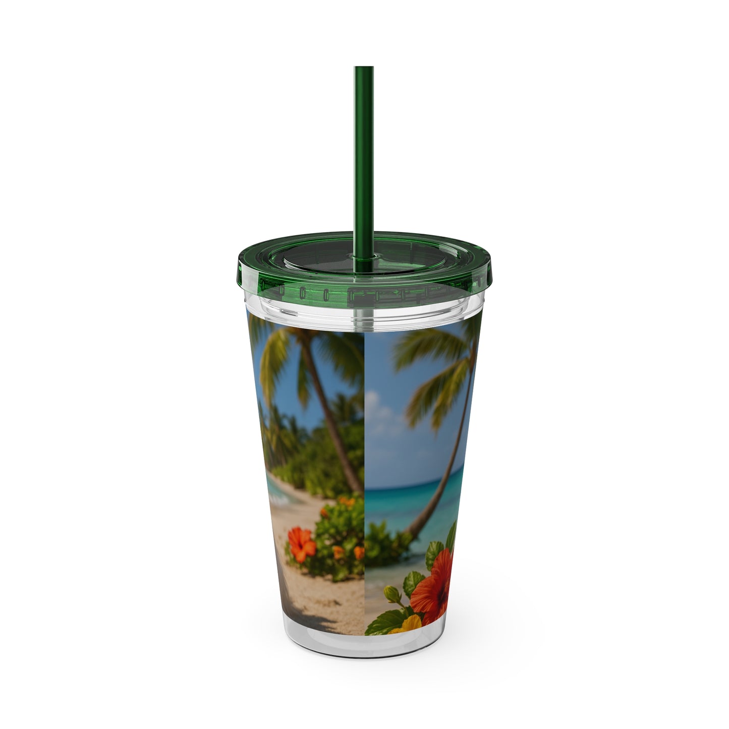 Tropical Tumbler with Straw | 16oz Colorful Travel Cup / Puppy Ariel at the Beach
