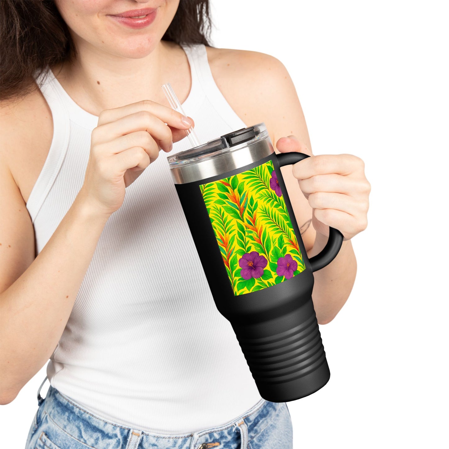 Midnight Flower Yellow Insulated Travel Mug - 40oz - Perfect for Outdoor Adventures