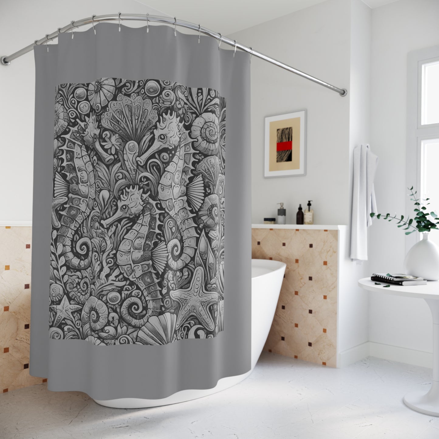 Tropical Shower Curtain - Ocean Bathroom Decor / Seahorse Trio Noir/Grey