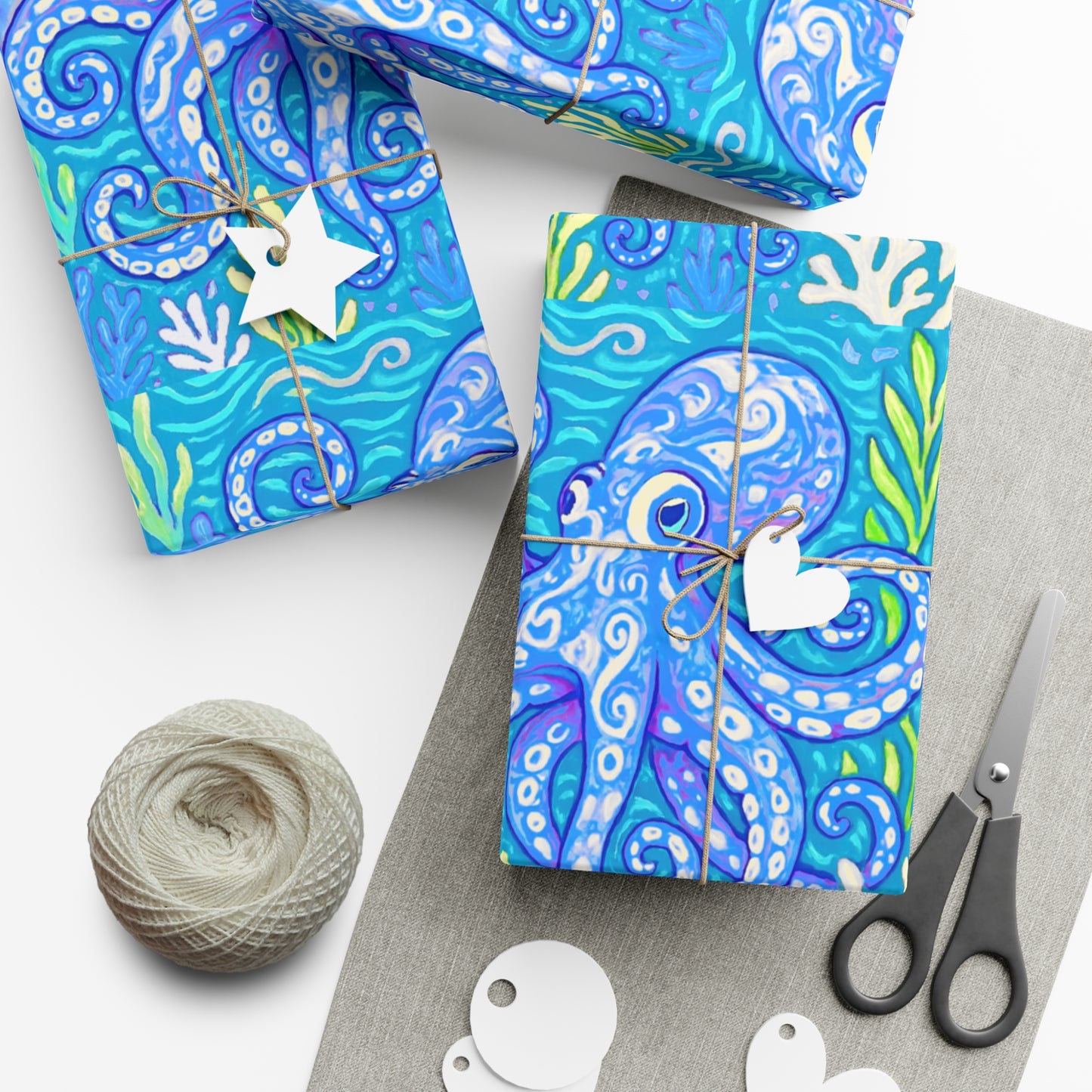 Wrapping Paper - Tropical Gift Wrap for All Occasions / 3 Sizes, 2 Finishes / Octopus Kraken Joe, Blue