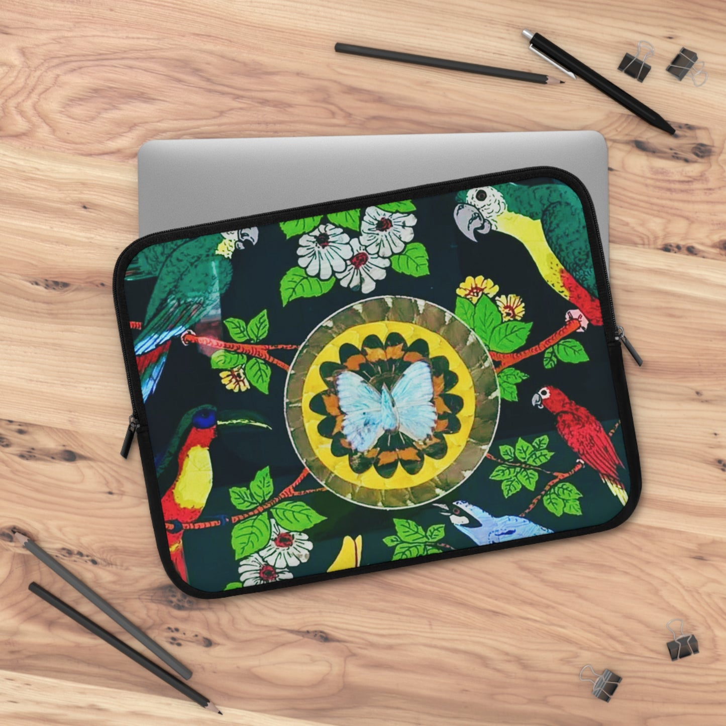 Tropical Laptop Sleeve, 5 Sizes - Perfect for Beach Lovers & Students / Parrots & Real Butterfly Wings Art
