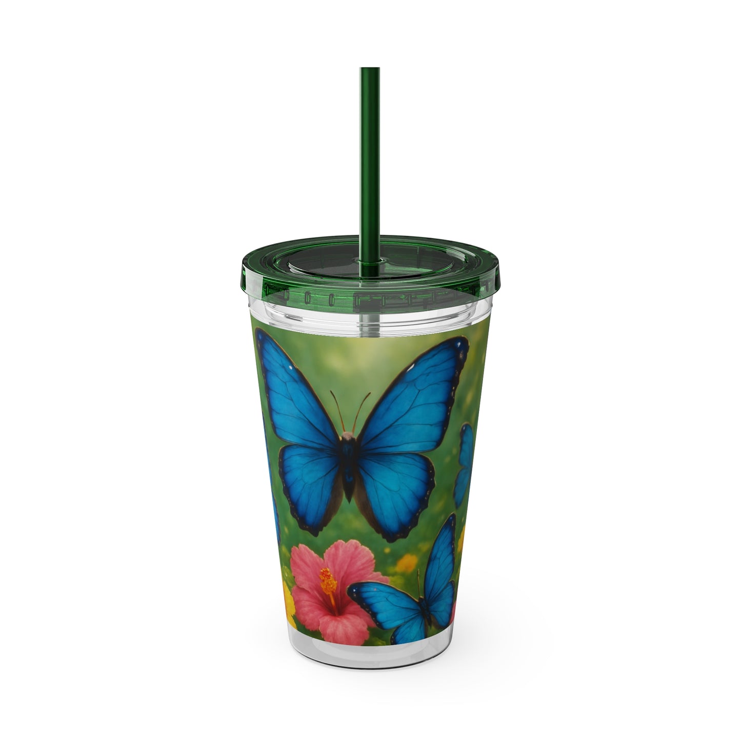 Tropical Tumbler with Straw | 16oz Colorful Travel Cup / Morpho Butterflies Flight