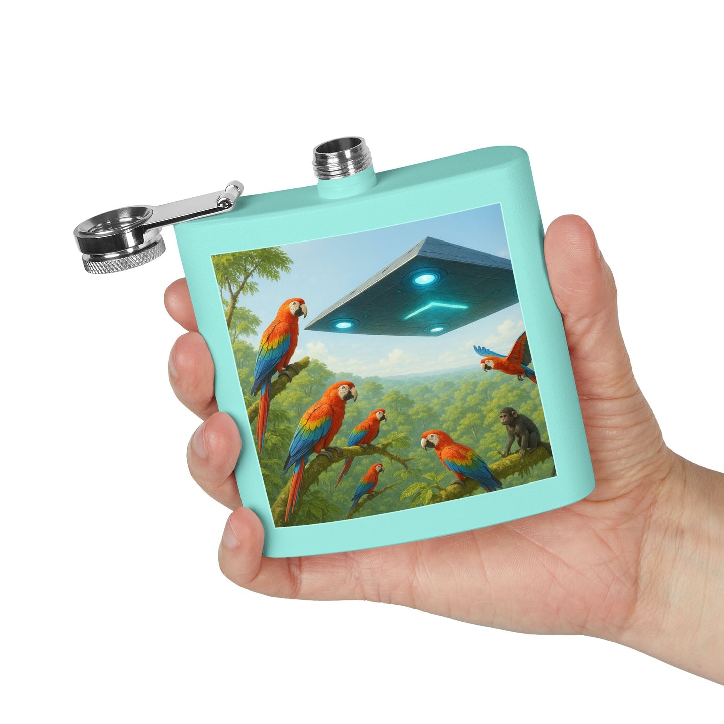 Tropical Stainless Steel 6 oz. Flask, Many Colors  – UFO and Macaws