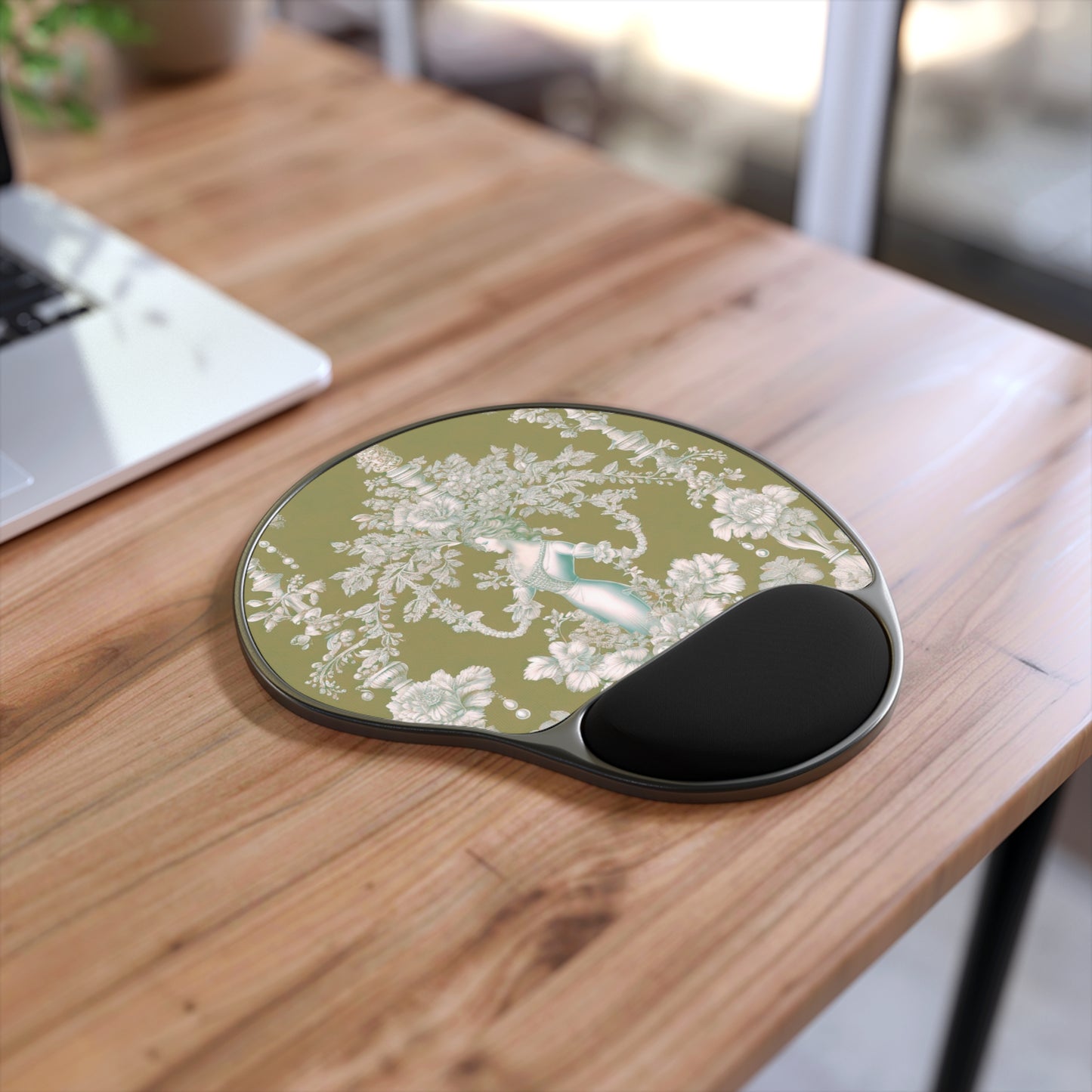 Mouse Pad With Wrist Rest, Pearl Lady Toile, Highborn Green