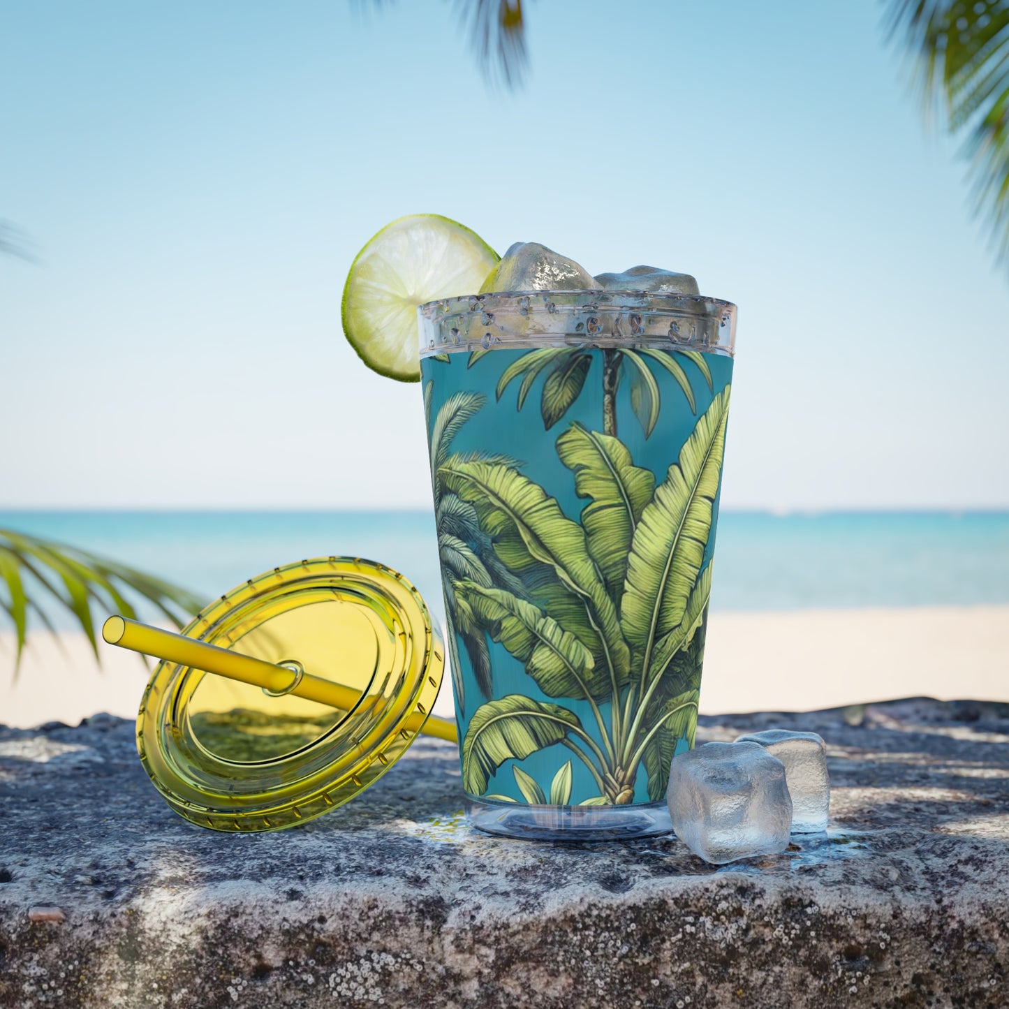 Tropical Tumbler with Straw | 16oz Colorful Travel Cup / Tropical Fruit Blue