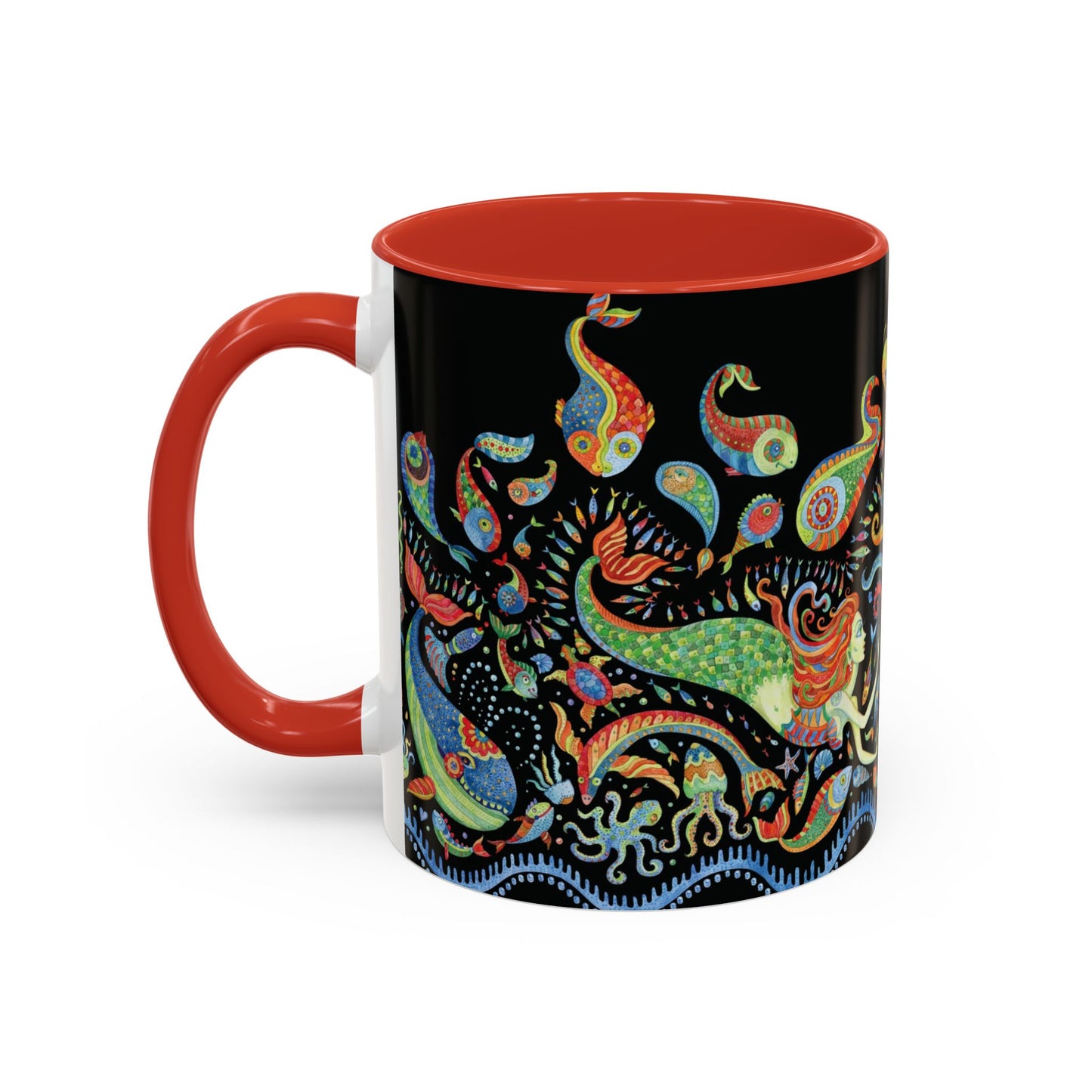 Mermaid Kingdom/Black, Coffee Mug, 8 Colors - Fun Tropical Drinkware for Beach Vibes