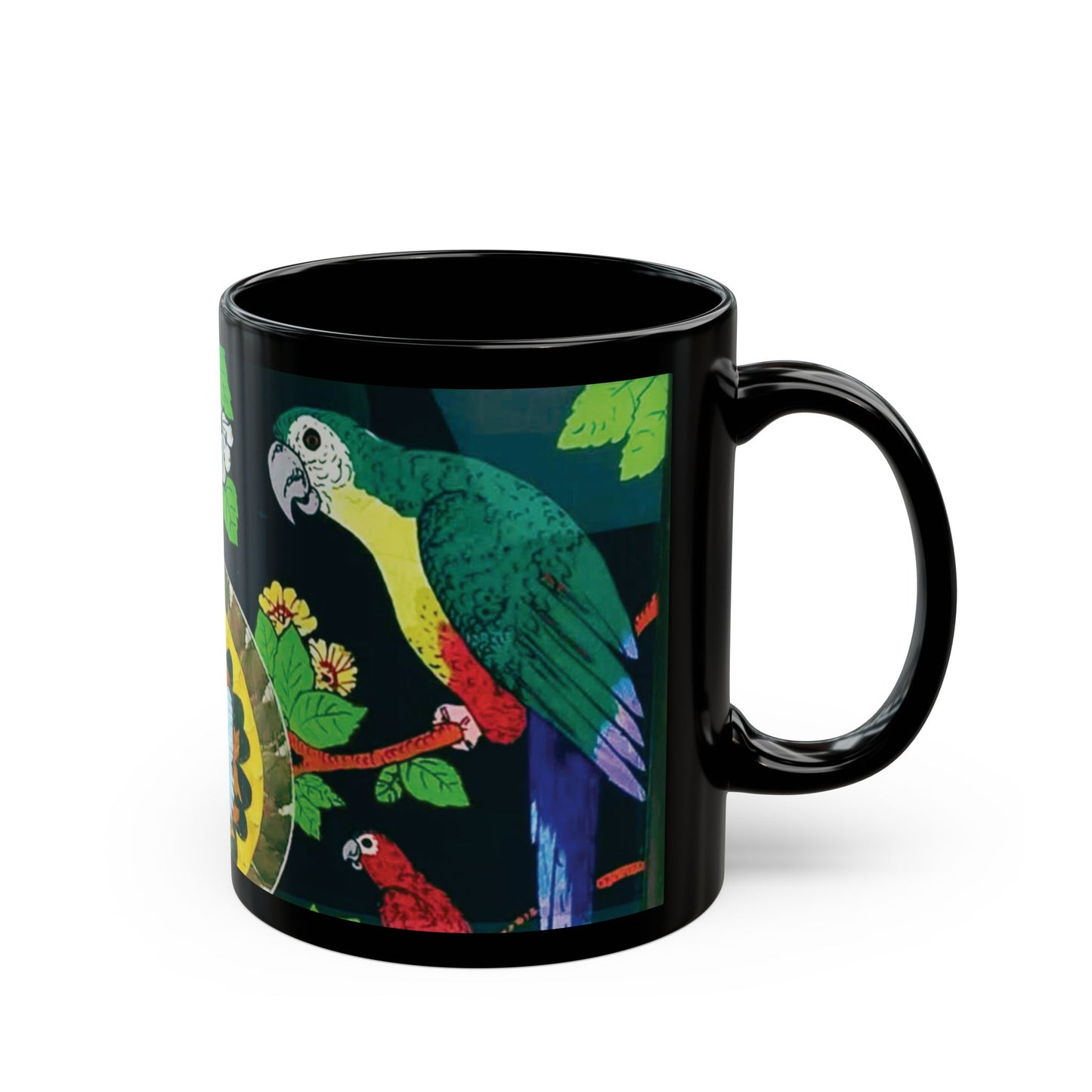 Black Coffee Mug, 2 Sizes - Parrots & Butterfly/Real Wings