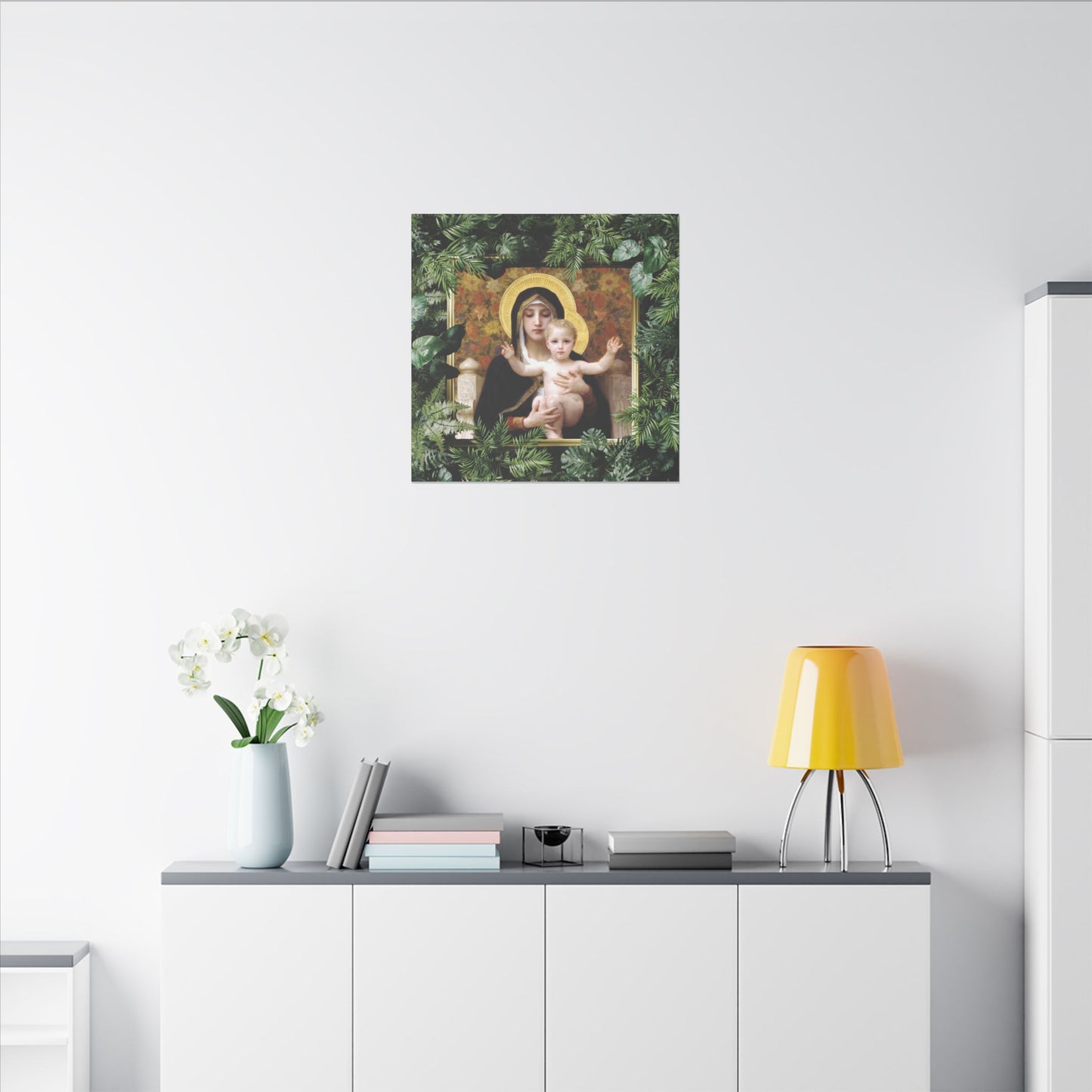 "Tropical Madonna of Lilies" Religious Canvas Artwork - Stretched Canvas Print / Virgin Mary & Jesus