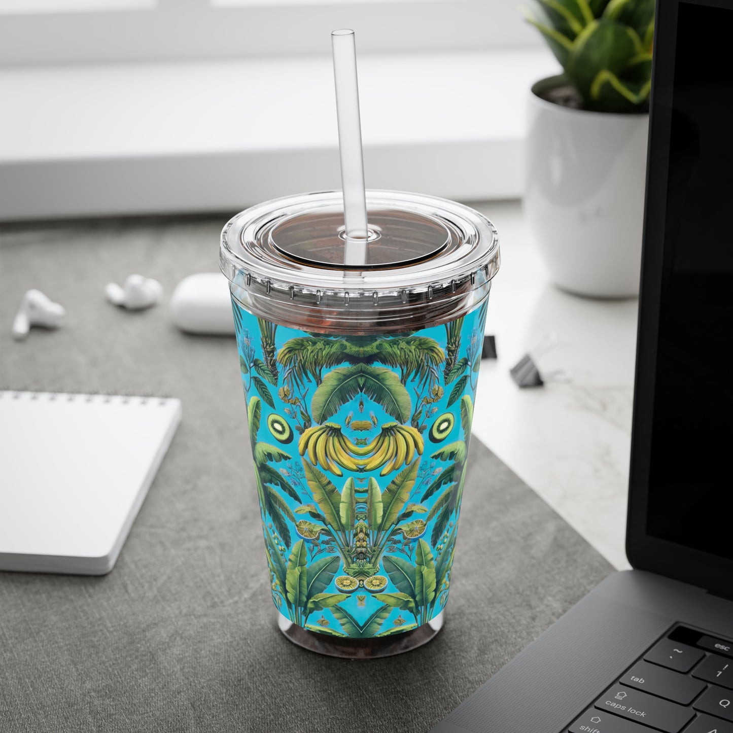 Tropical Tumbler with Straw | 16oz Colorful Travel Cup / More Tropical Fruit, Aqua Blue