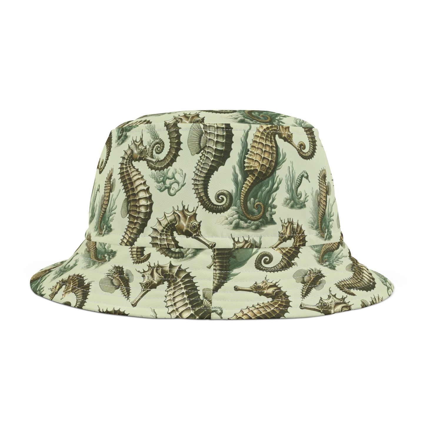 Tropical Polyester Bucket Hat, 2 Sizes - Green Toile Seahorses