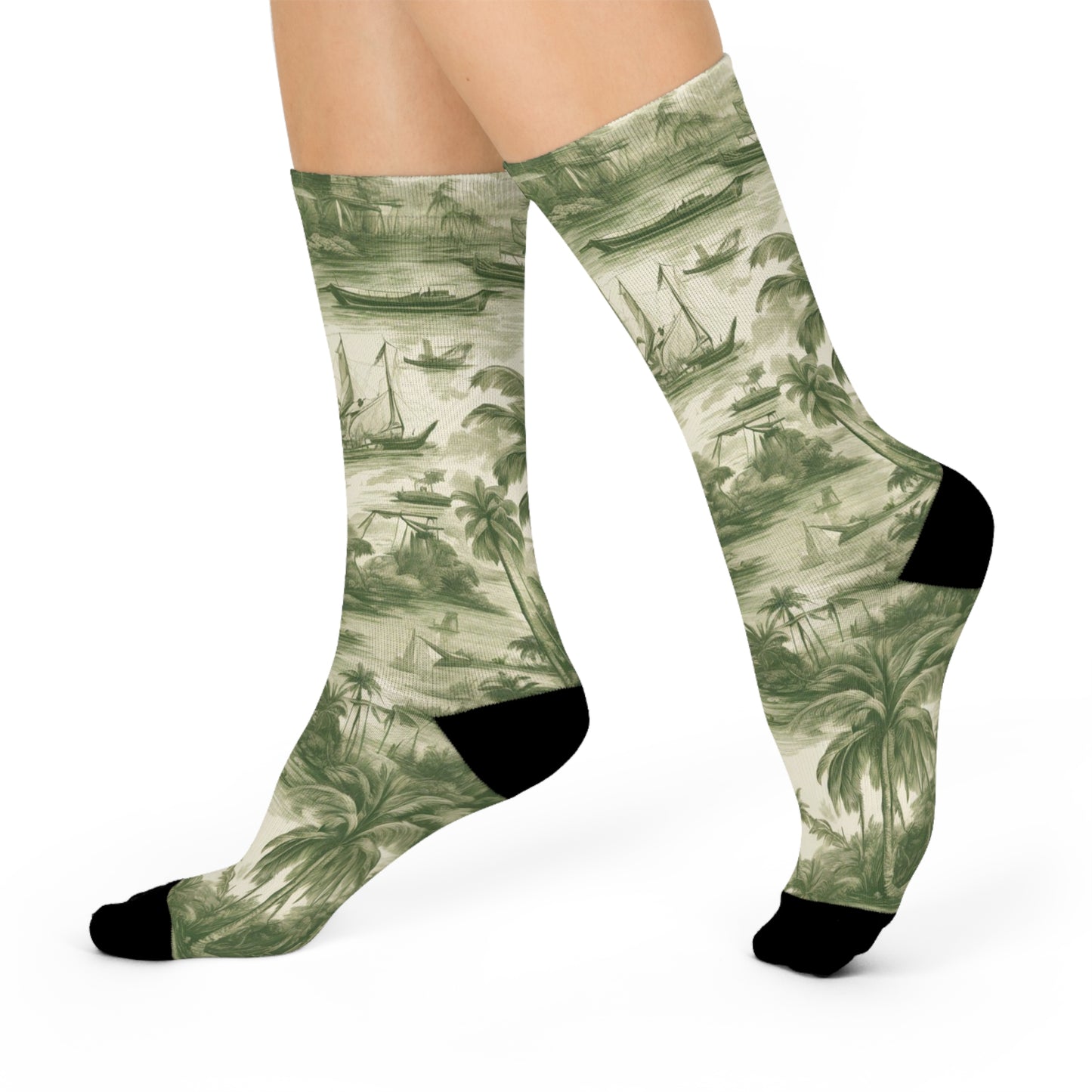 Cushioned Crew Socks - Tropical Toile, Green