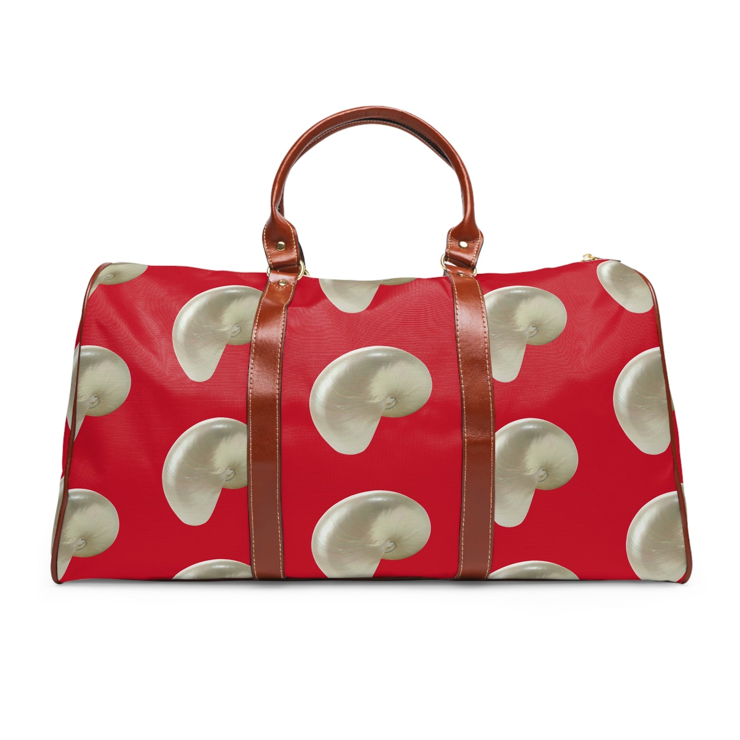 Tropical Waterproof Travel Bag - Perfect for Beach Getaways / Real White Nautilus Shells, Dark Red