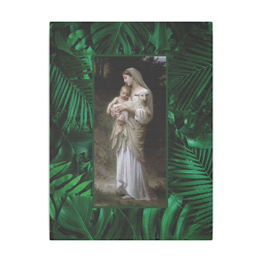 "Tropical Rainforest Innocence" Religious Canvas Artwork - Stretched Canvas Print / Virgin Mary & Jesus