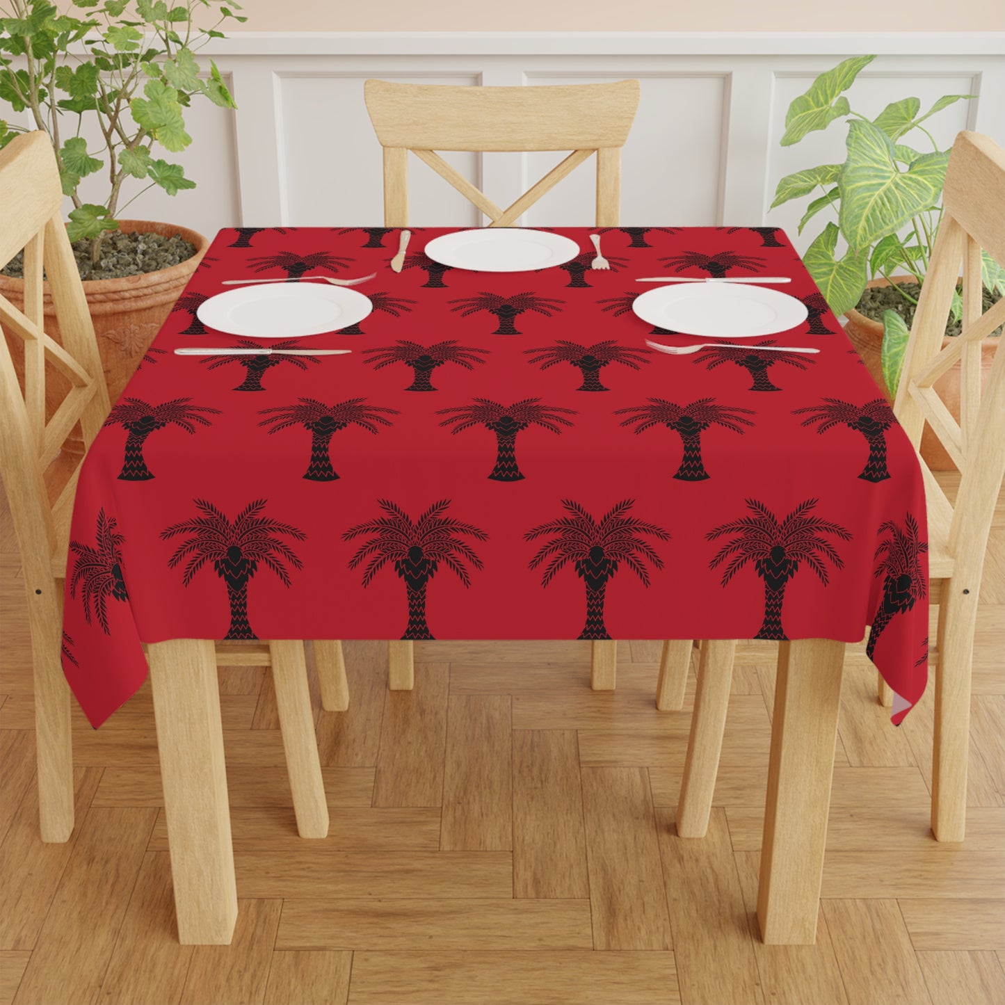 Palm Glory / Dark Red ~ Square Tablecloth, 55" x 55"