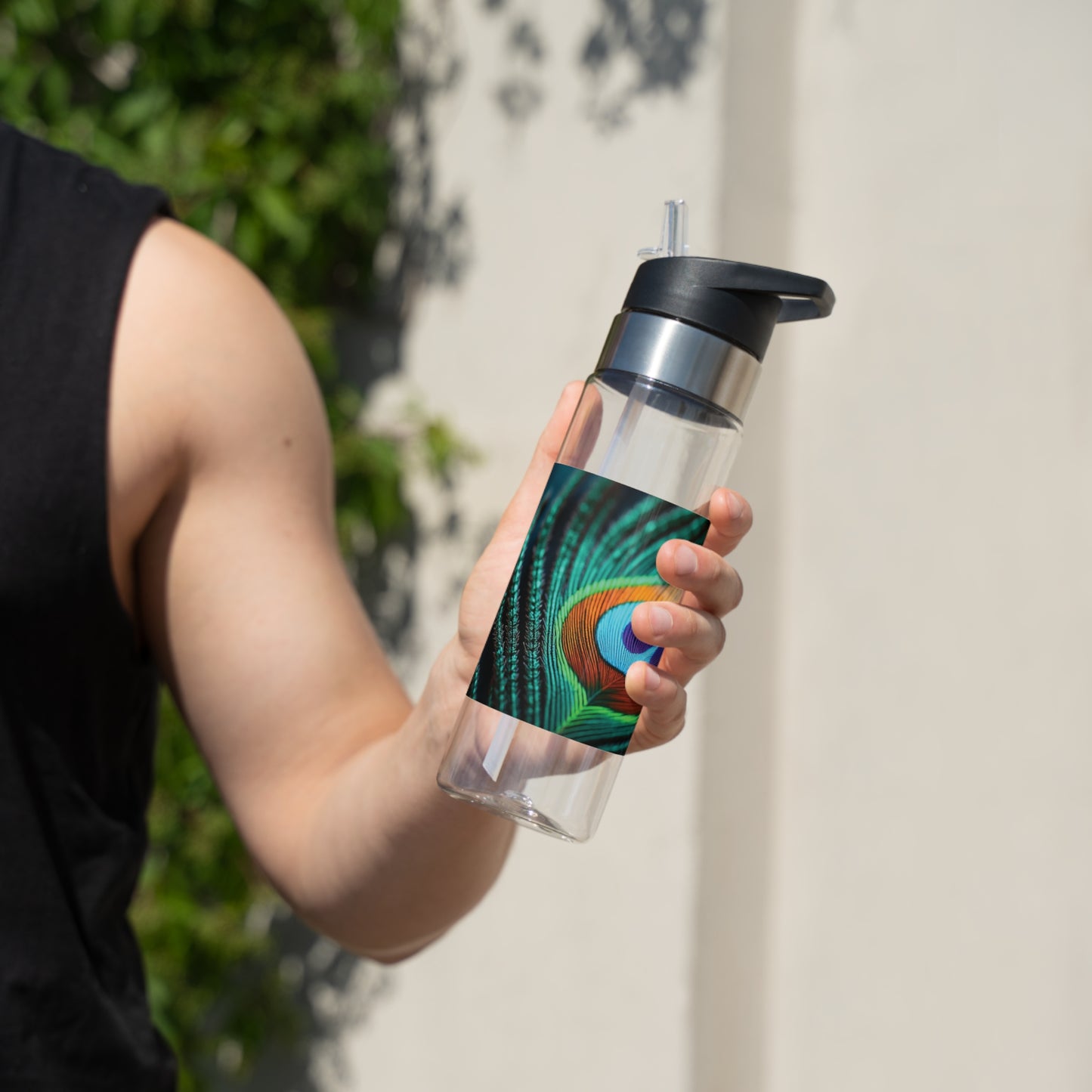 Tropical 20oz Tritan Sport Water Bottle -  Leakproof, Lightweight, BPA-Free / Peacock Eye Feather, Turquoise Macro