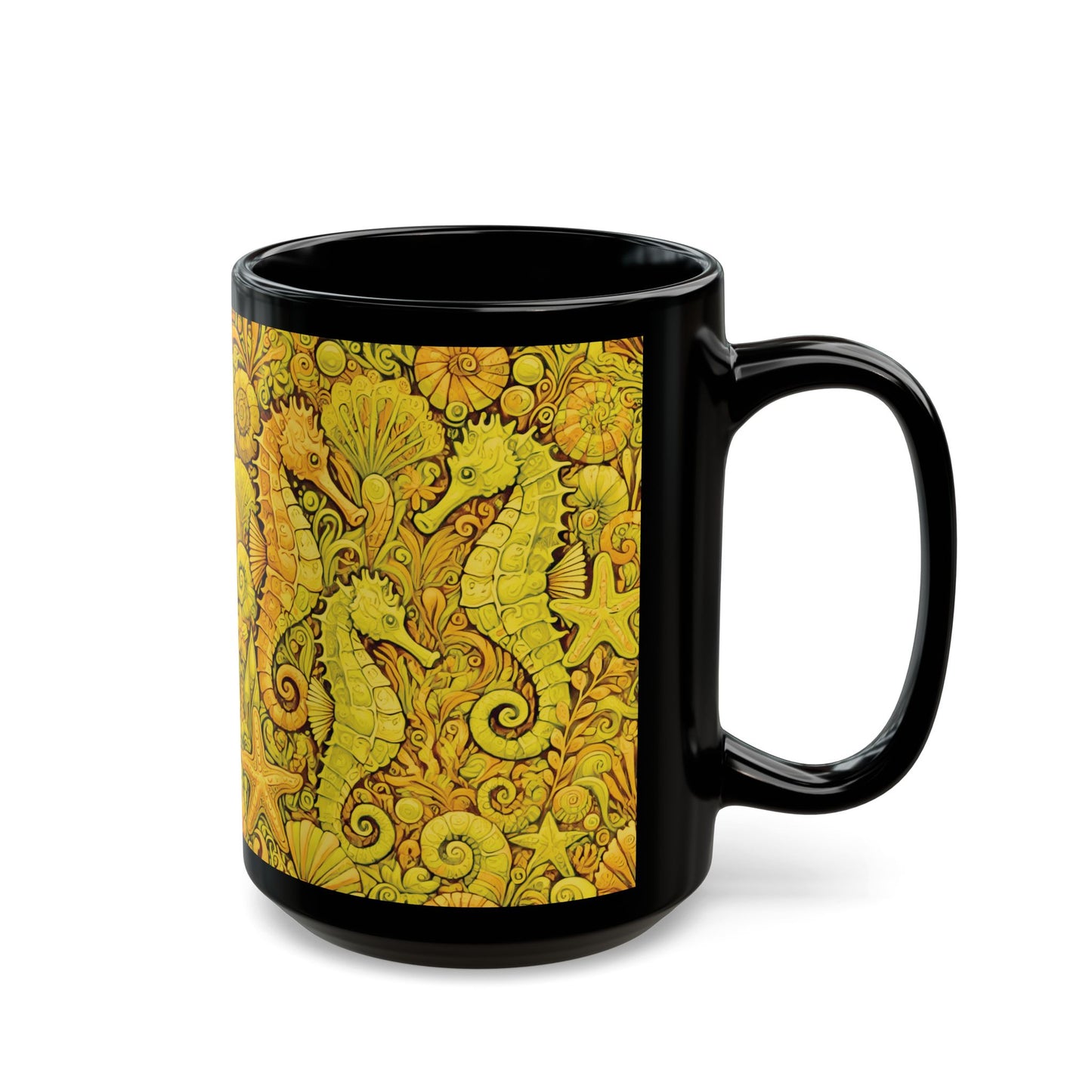 Black Coffee Mug - Seahorse Fantasy, Yellow