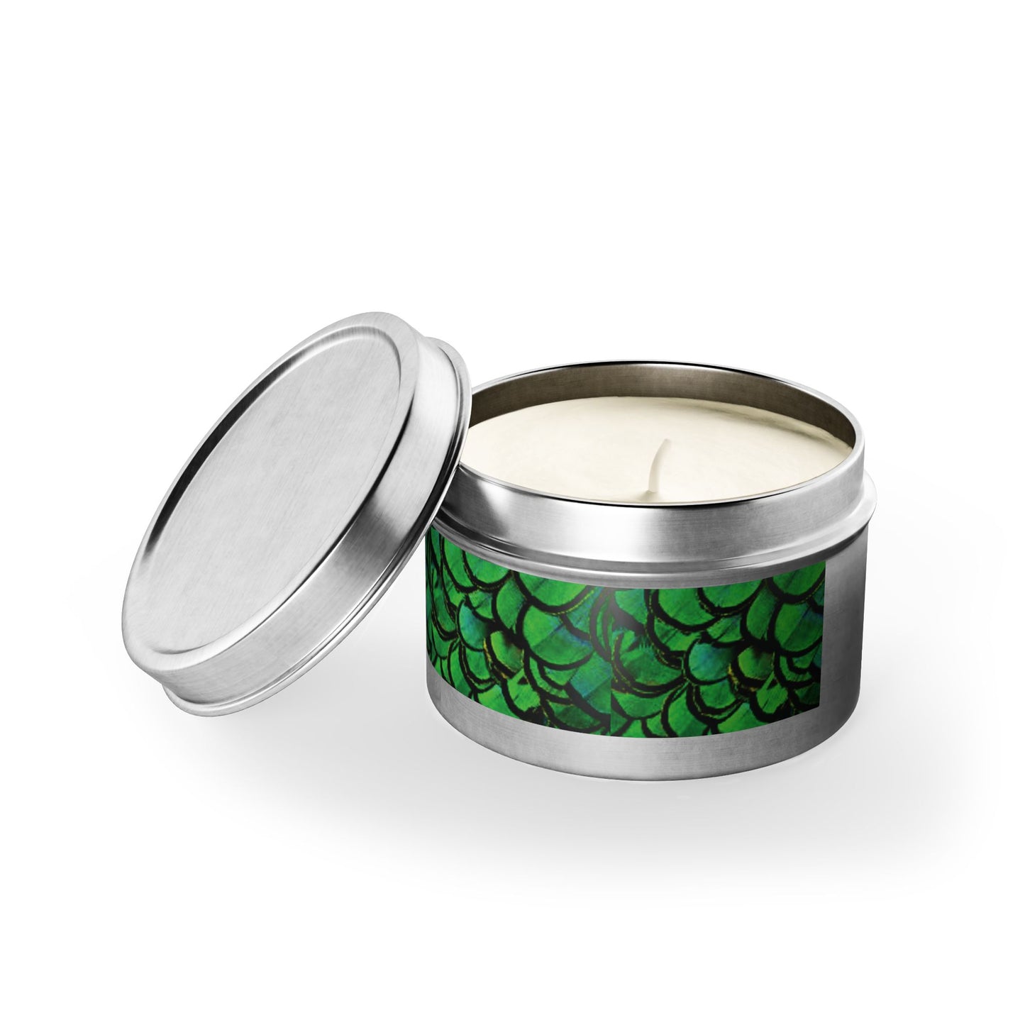 Tin Candles, 2 sizes, 3 tin colors - Green Peacock