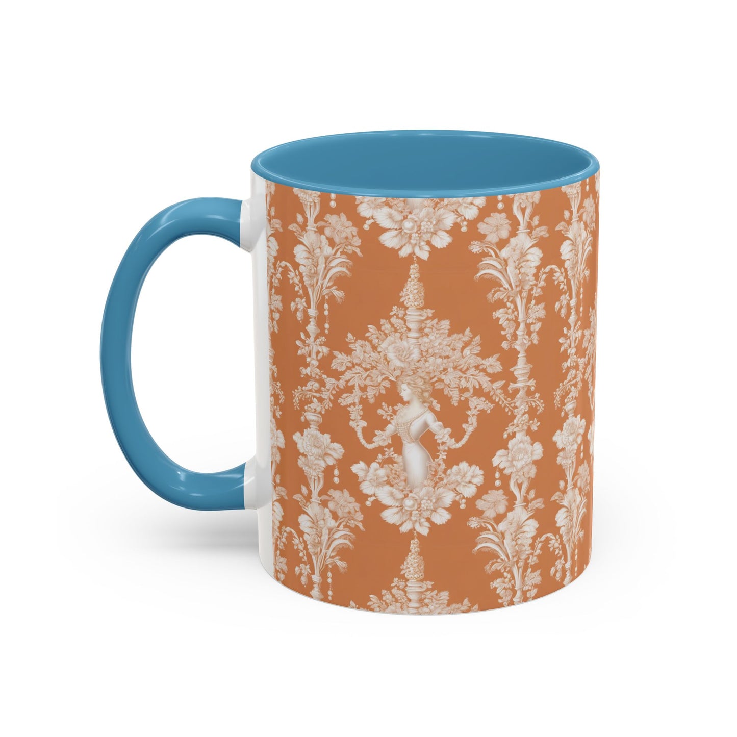 Accent Coffee Mug (11, 15oz), Pearl Lady Toile/Melon Repeat, Various Colors