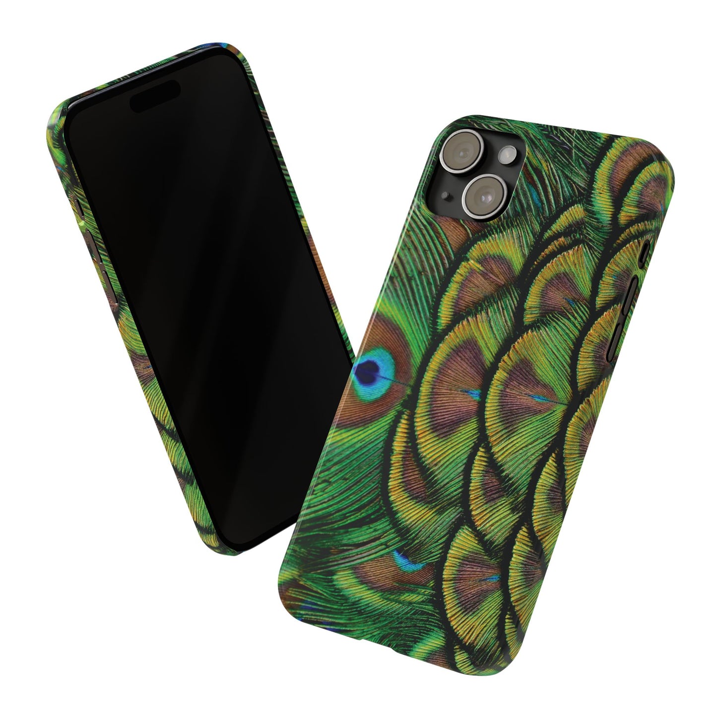 Slim Phone Cases - Brilliant Green Peacock Feathers