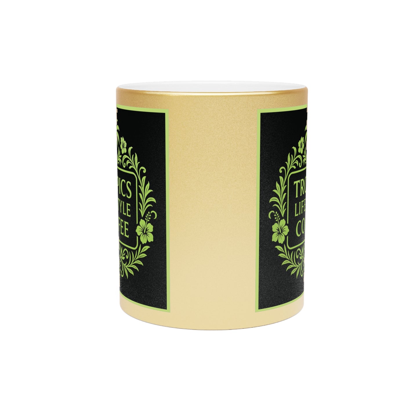 Tropical Metallic Mug, Gold or Silver - Tropics Lifestyle Coffee, Black/Green Logo