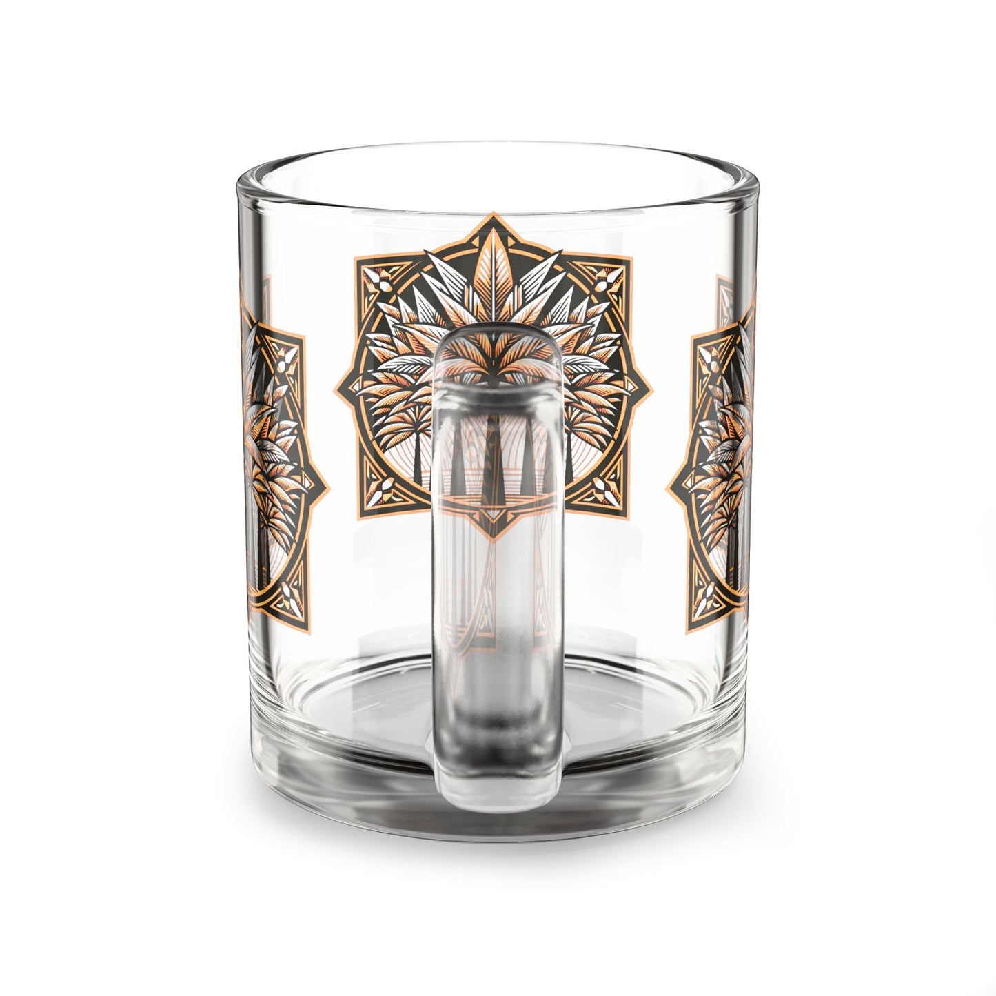 Tropical Glass Mug - 10oz Coffee Cup / Deco Palms, Cinnamon