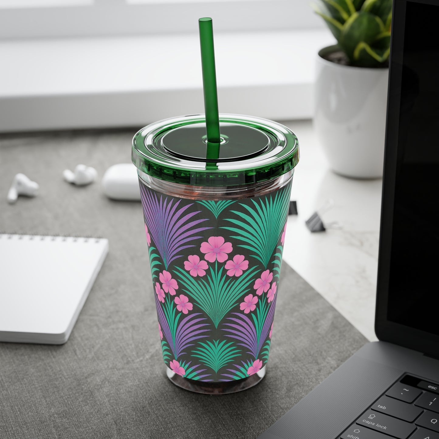 Tropical Tumbler with Straw | 16oz Colorful Travel Cup / Midnight Hibiscus Deco, Pink