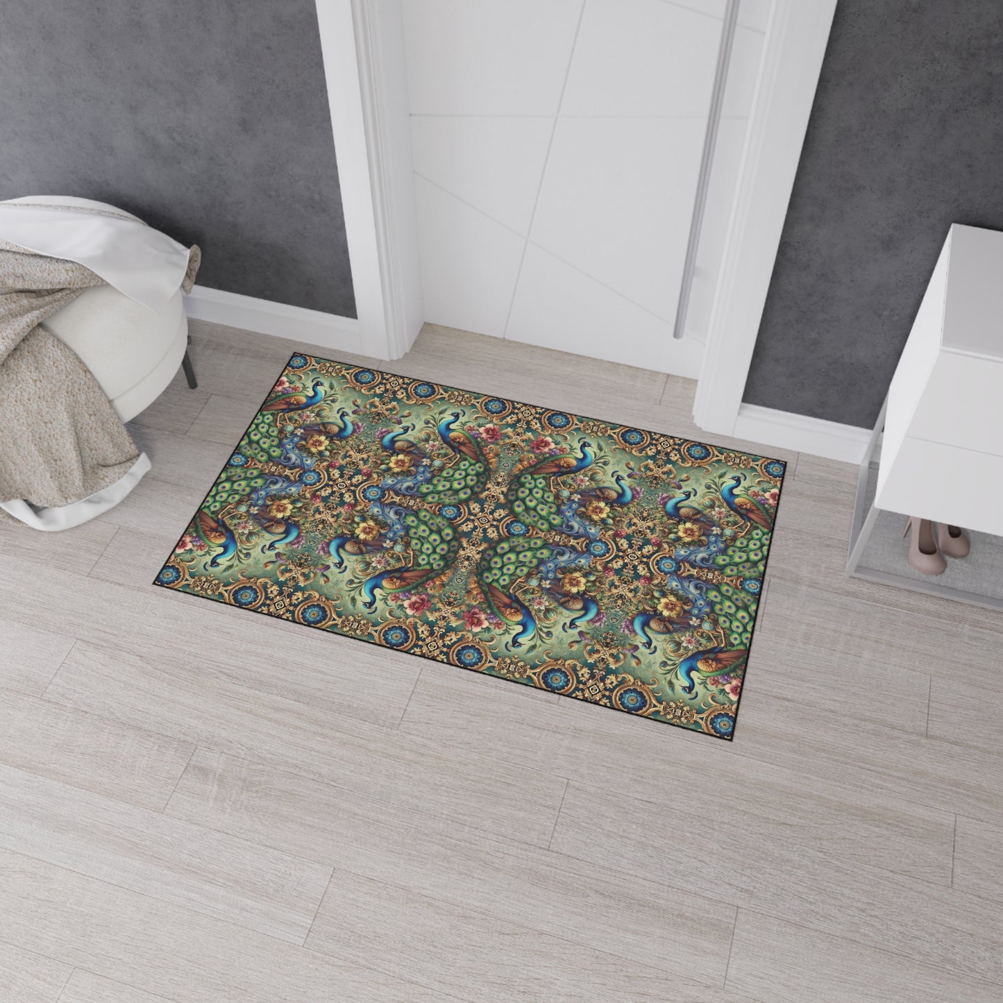 Heavy Duty Floor Mat, 5 Sizes – Tropical Area Rug for Home Décor / Kaleido Peacock Royals