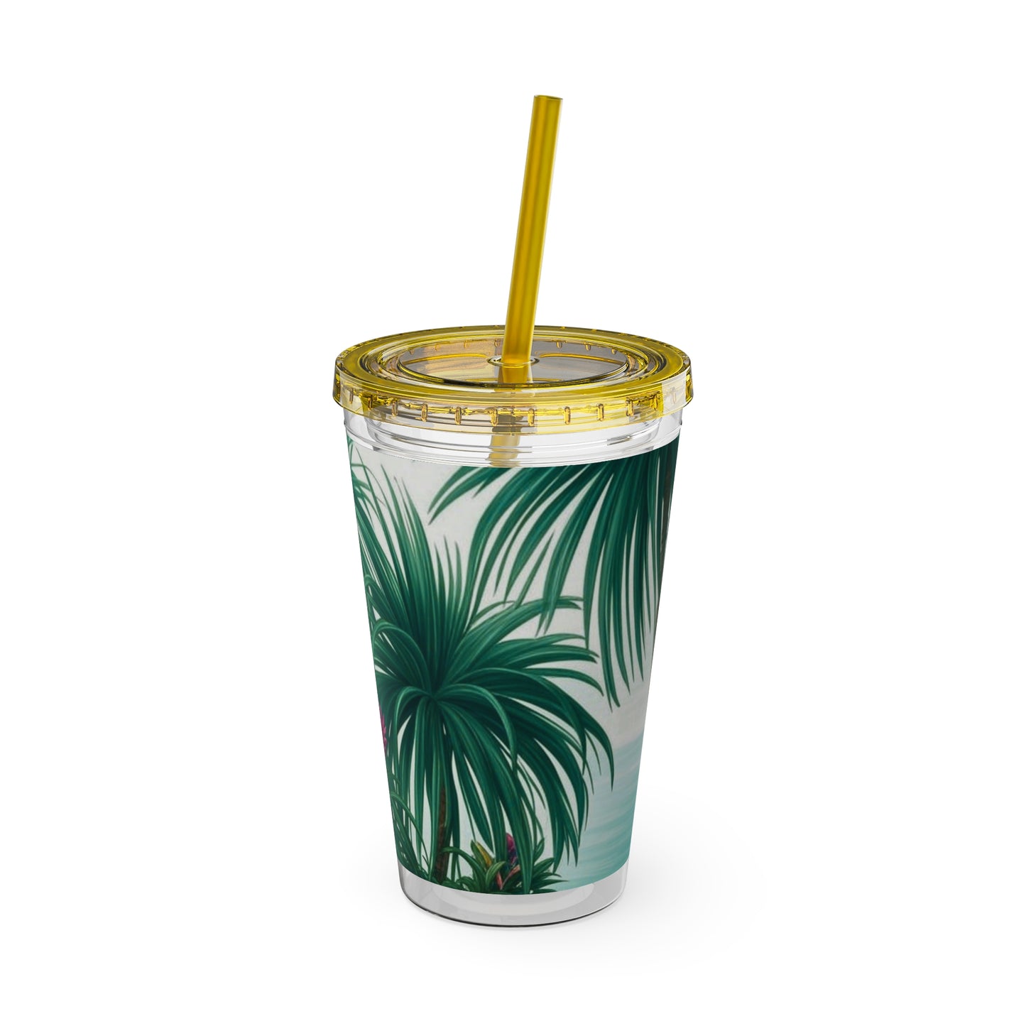 Tropical Tumbler with Straw | 16oz Colorful Travel Cup / Tiny Palm Island