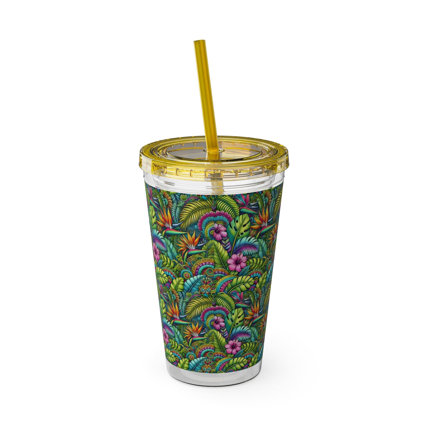 Tropical Tumbler with Straw | 16oz Colorful Travel Cup / Rainforest Blooms