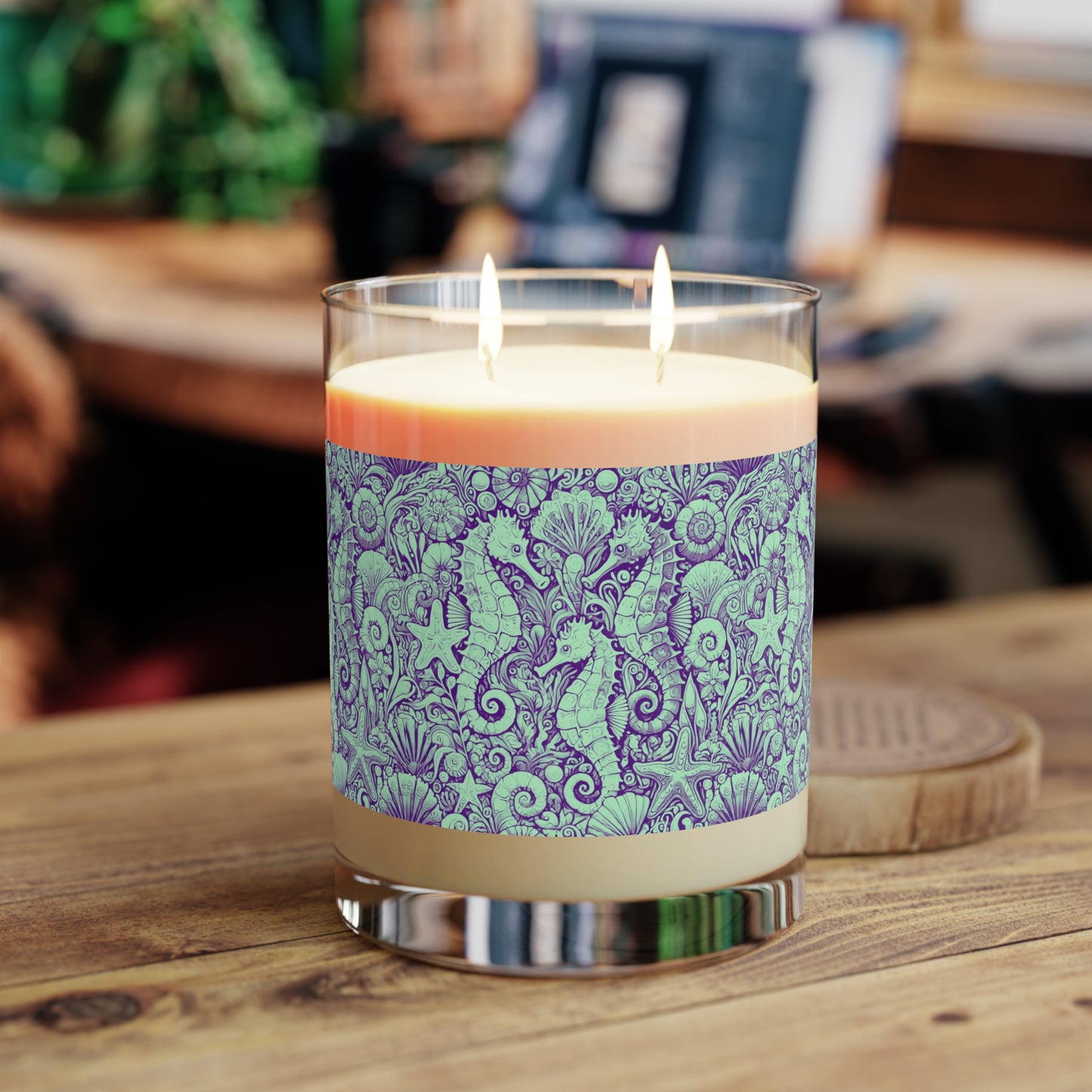 Seahorse Trio/Minty Scented Candle - 11oz Full Glass, Tropical Decor