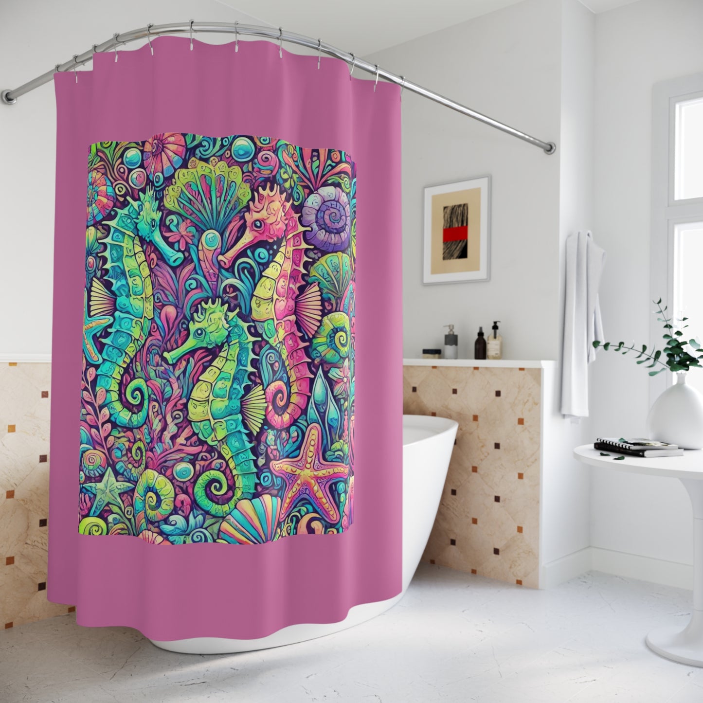 Tropical Shower Curtain - Rainforest Bathroom Decor / Seahorse Trio/Lt. Pink