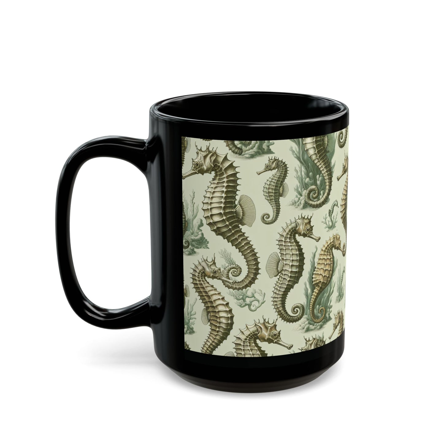 Black Coffee Mug - Green Toile Seahorses