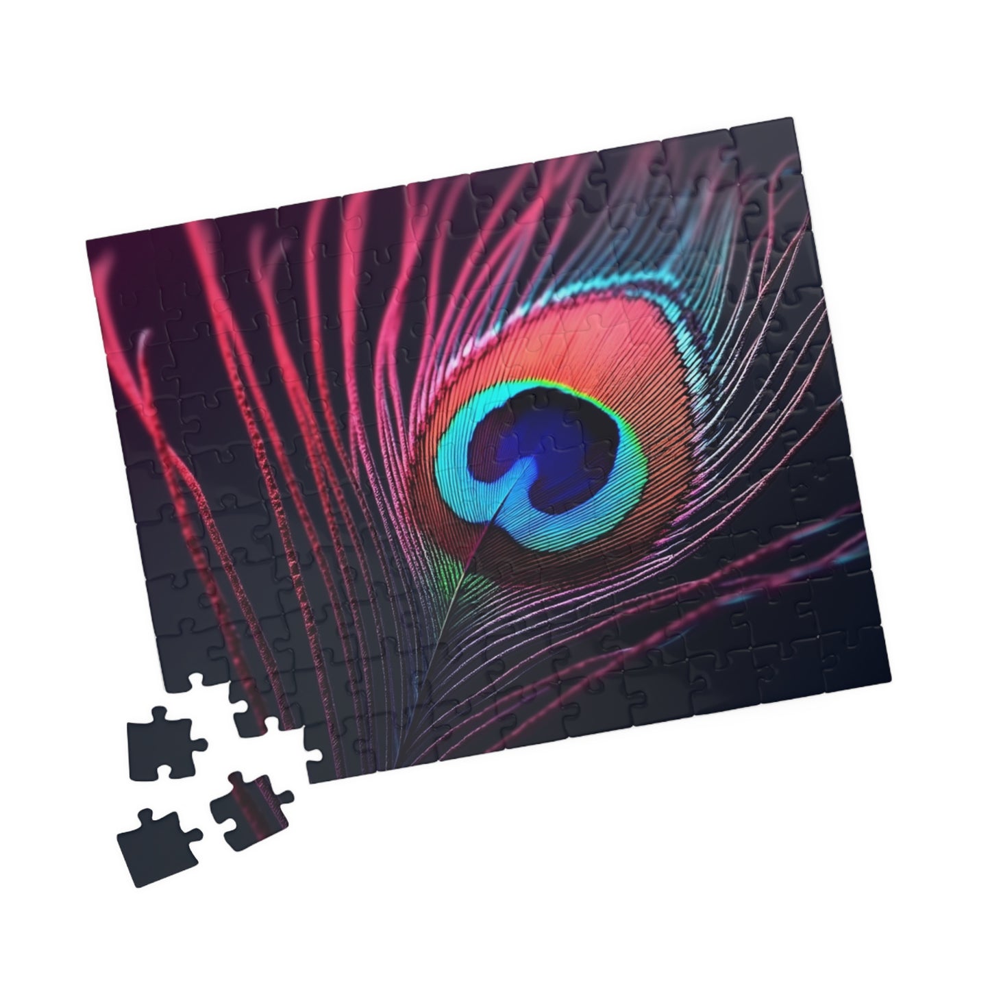 Peacock Eye Feather, Magenta / Tropical Puzzle, 4 Sizes - Relaxing Jigsaw for Island Vibes