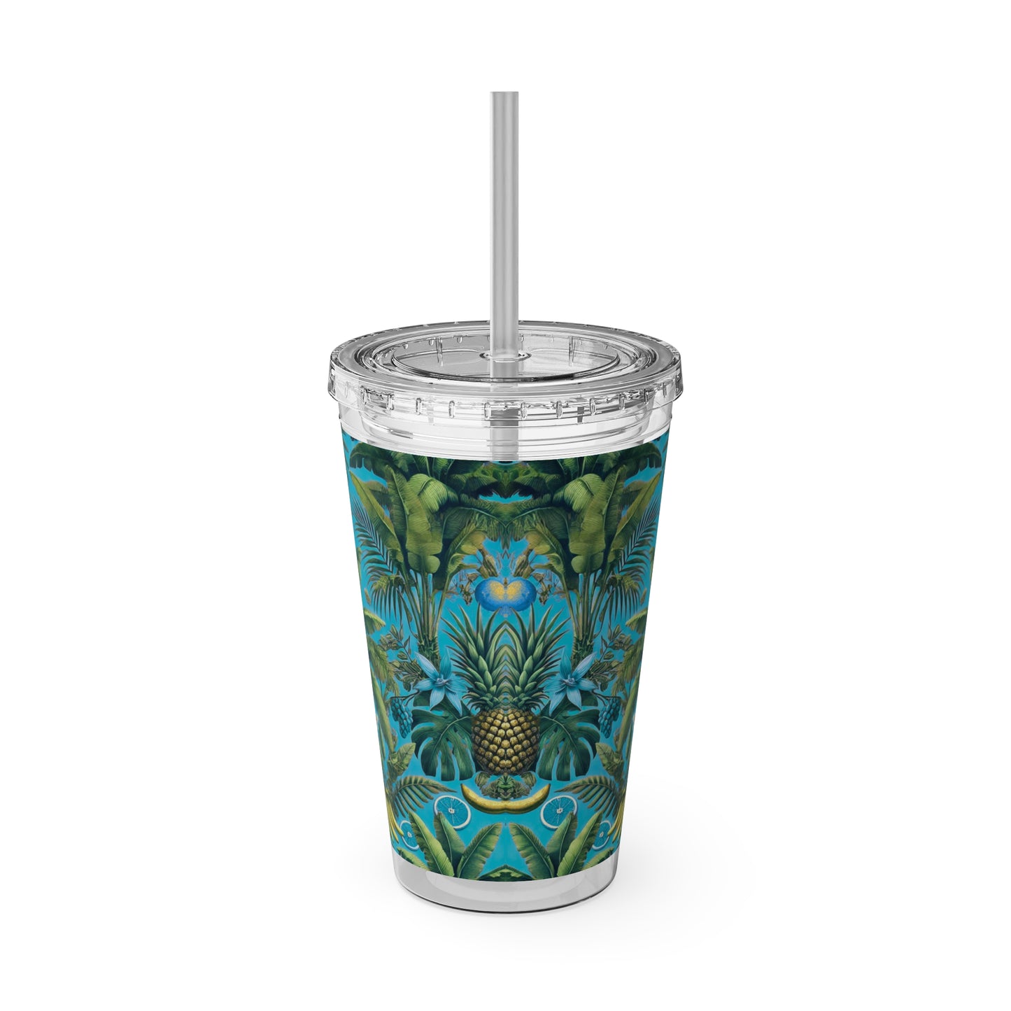 Tropical Tumbler with Straw | 16oz Colorful Travel Cup / More Tropical Fruit, Aqua Blue