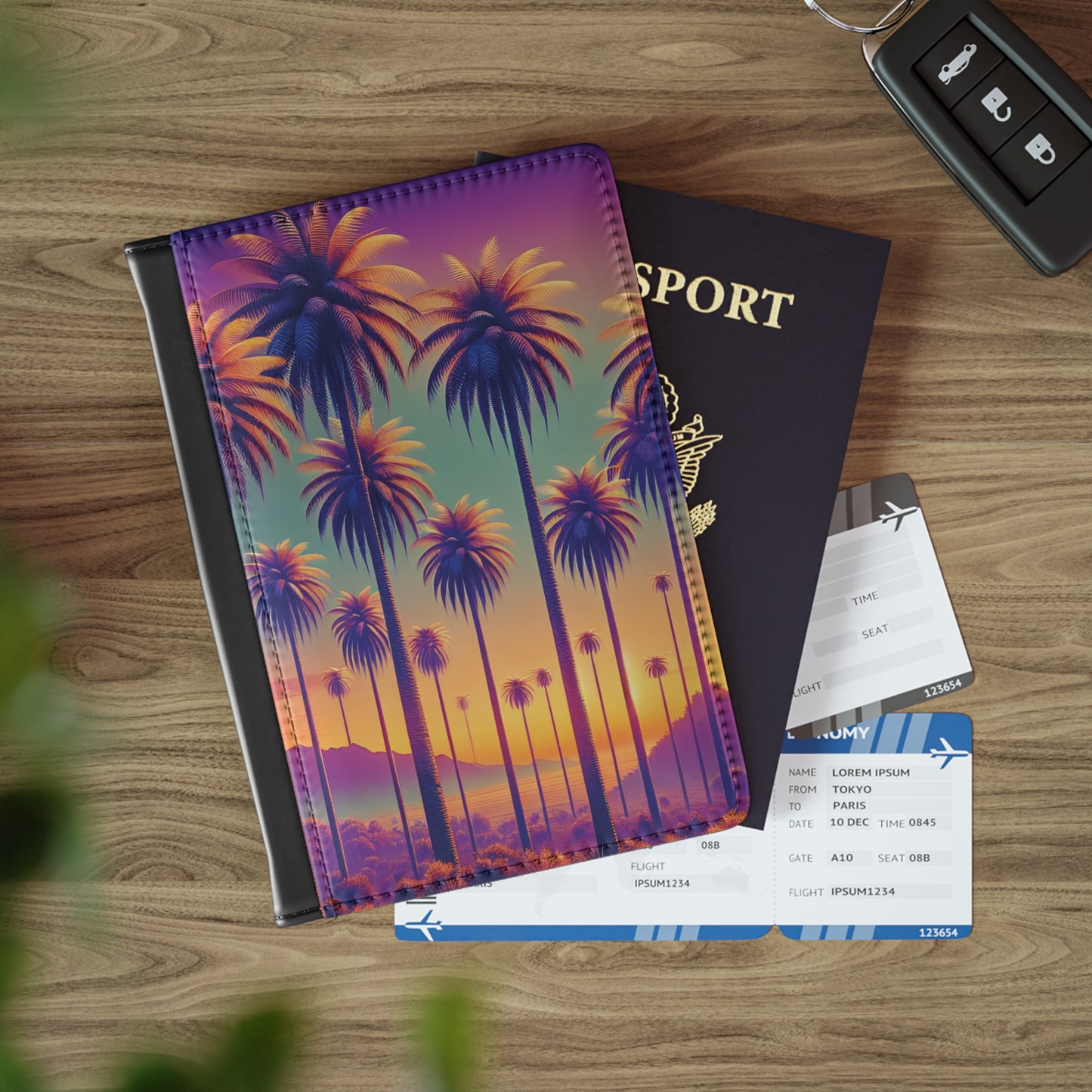 Tropical Passport Cover, Faux Leather - RFID blocking for travel security / Sunset Palms