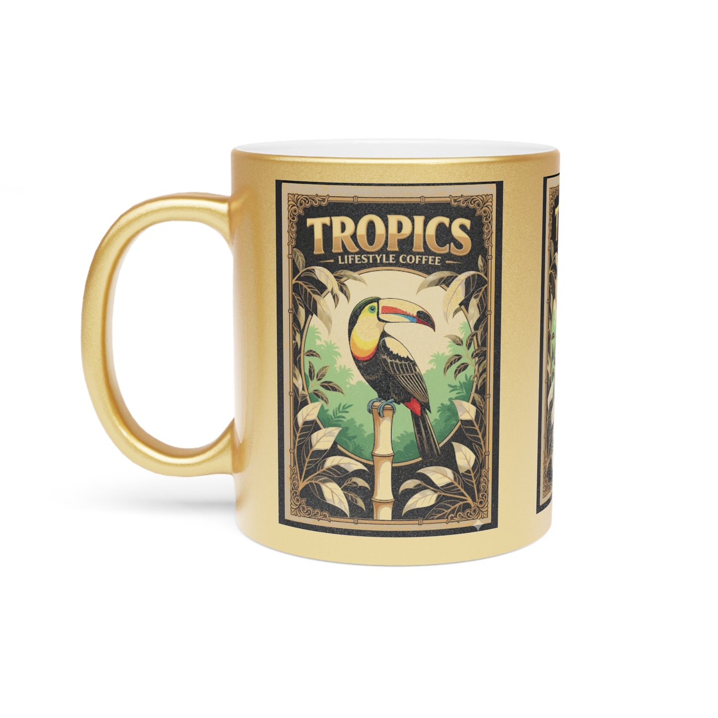 Tropical Metallic Mug, Gold or Silver: Our Coffee Brand, Pearl Parrot Poster
