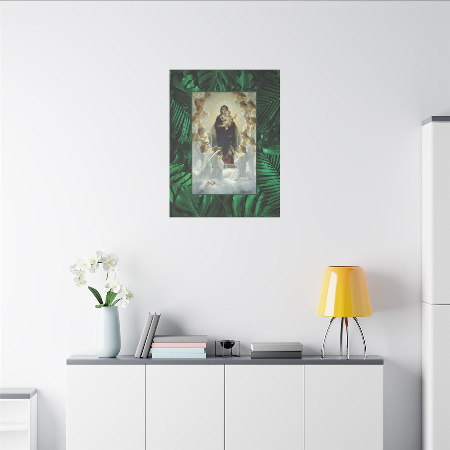 "Tropical Rainforest Our Lady With Angels" Religious Canvas Artwork - Stretched Canvas Print / Virgin Mary & Jesus