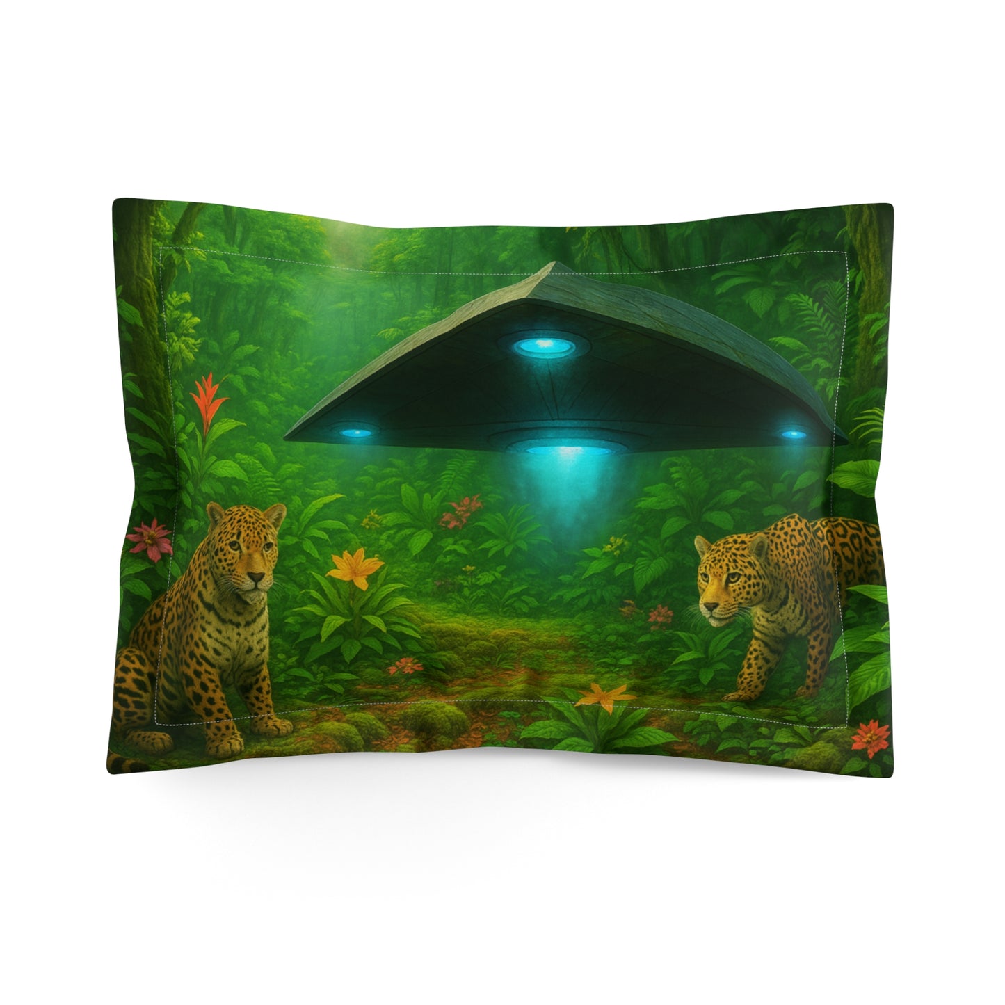 Microfiber Pillow Sham | Tropical Vibes for Relaxation / Rainforest UFO and Jaguars