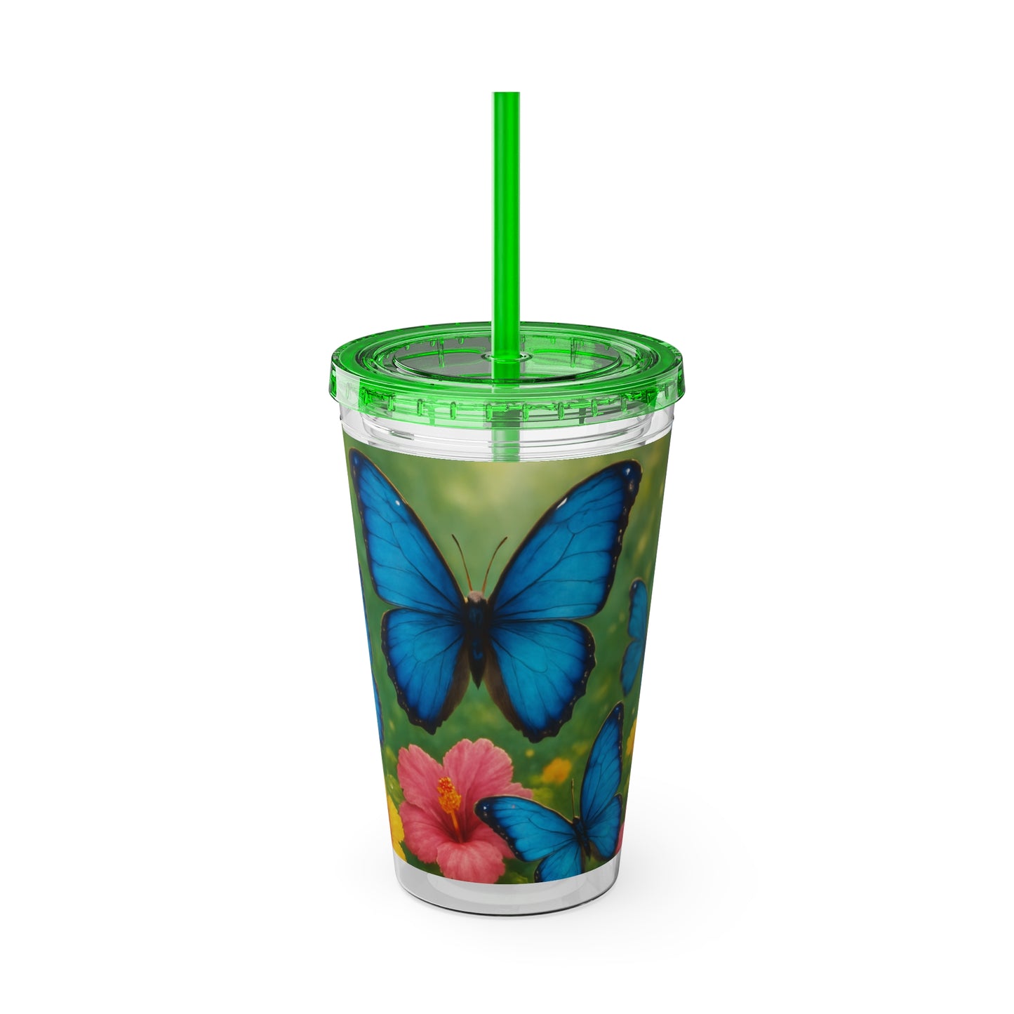 Tropical Tumbler with Straw | 16oz Colorful Travel Cup / Morpho Butterflies Flight