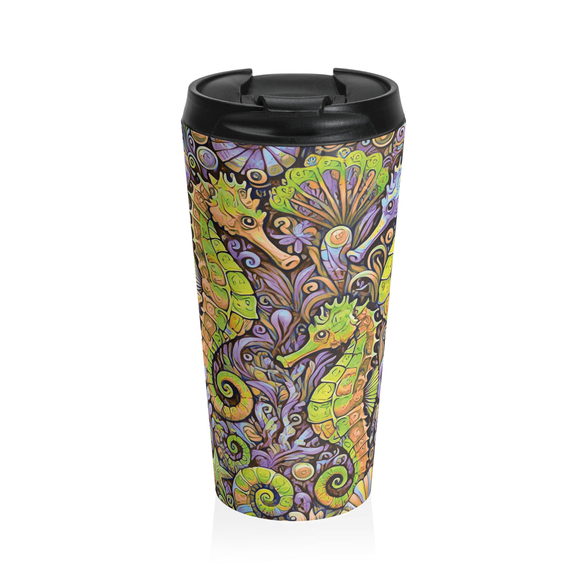 Copy of 15 oz. Stainless Steel Travel Mug / Seahorse Trio Yellow-Purple