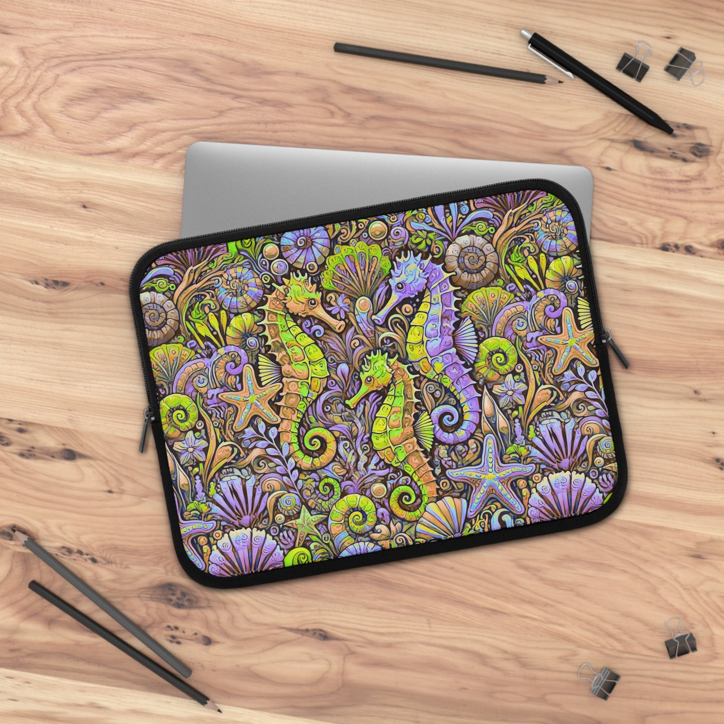 Tropical Laptop Sleeve, 5 Sizes - Perfect for Beach Lovers & Students / Seahorses, Yellow and Purple