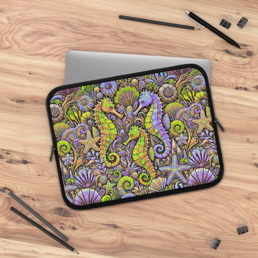 Tropical Laptop Sleeve, 5 Sizes - Perfect for Beach Lovers & Students / Seahorses, Yellow and Purple
