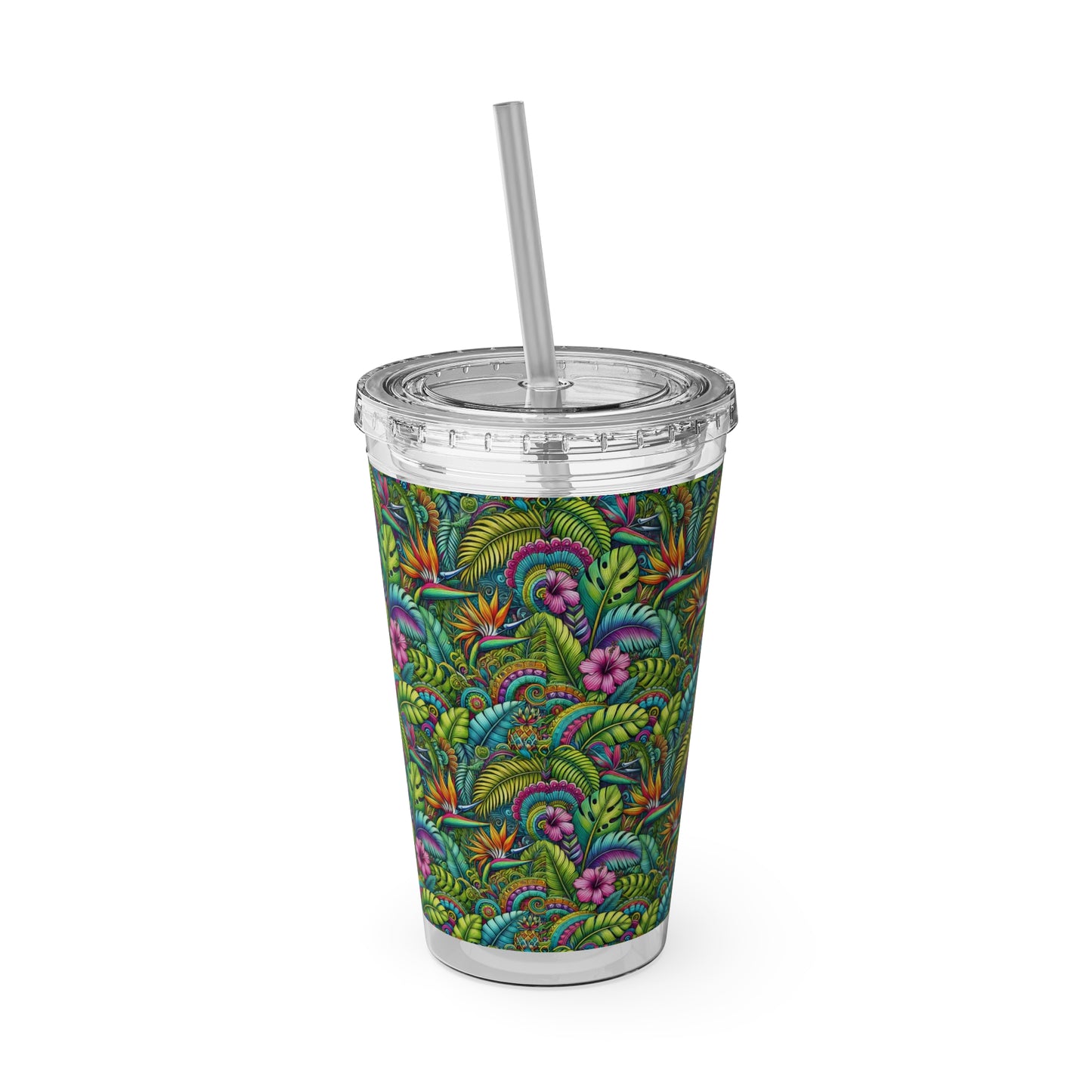 Tropical Tumbler with Straw | 16oz Colorful Travel Cup / Rainforest Blooms