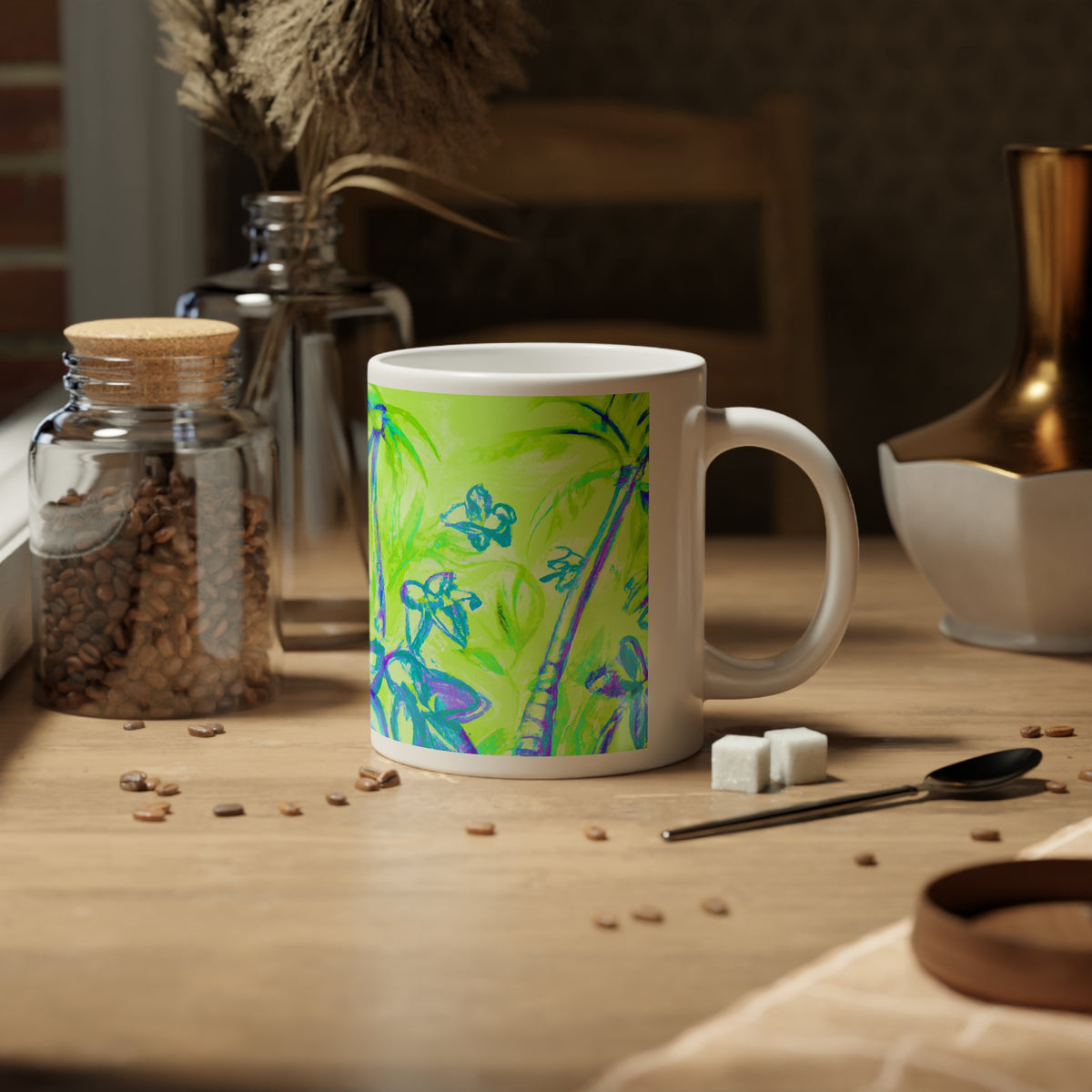 Jumbo Mug, 20oz, Tropical Doodles, Lime | Tropical Coffee Cup