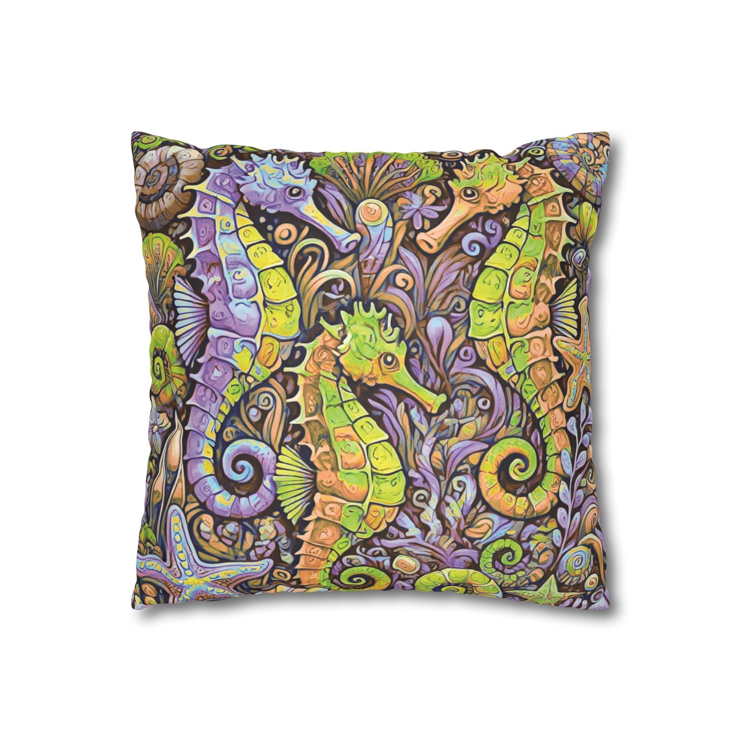 Faux Suede Square Pillowcase - Seahorse Trio, Purple