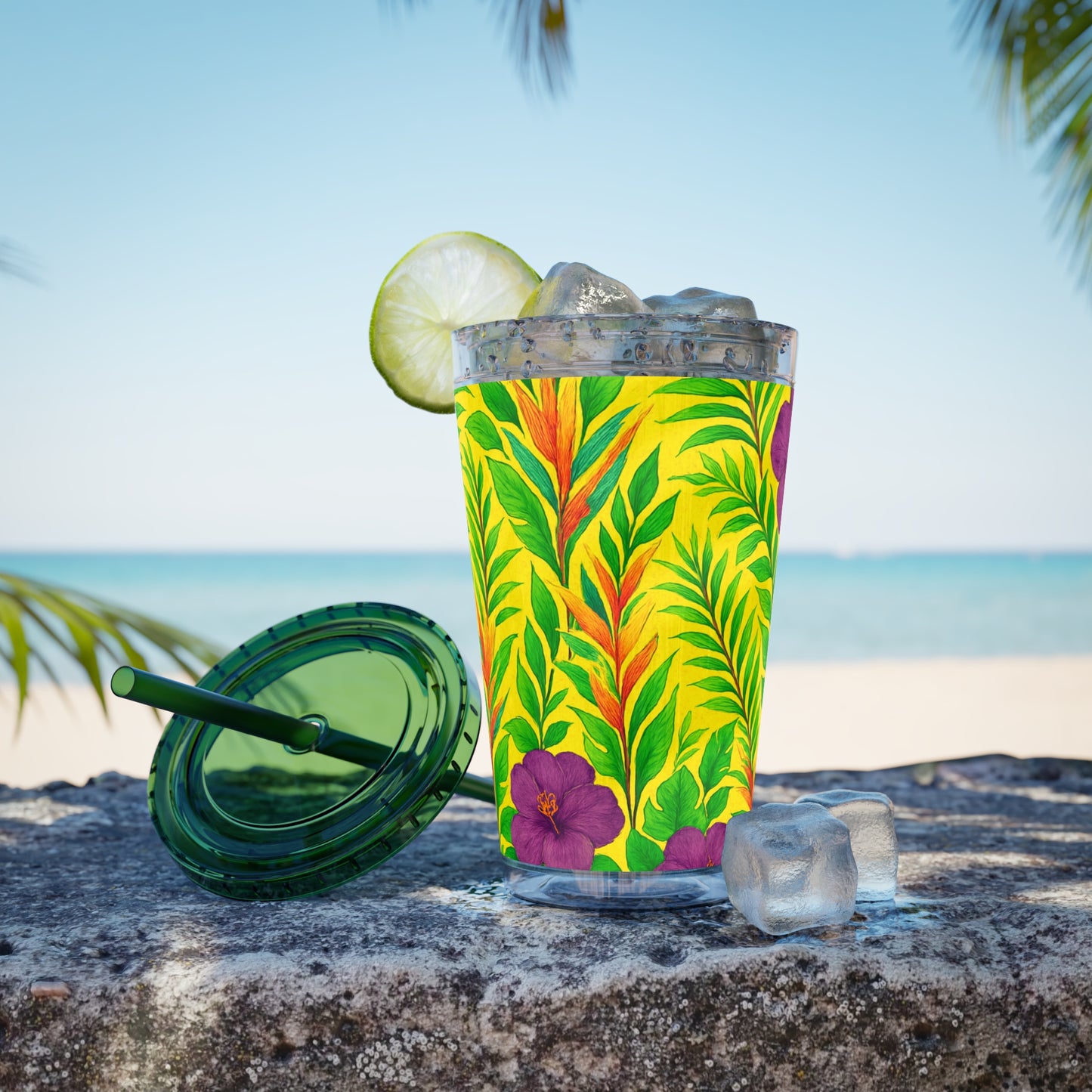 Tropical Tumbler with Straw | 16oz Colorful Travel Cup / Midnight Flower Yellow