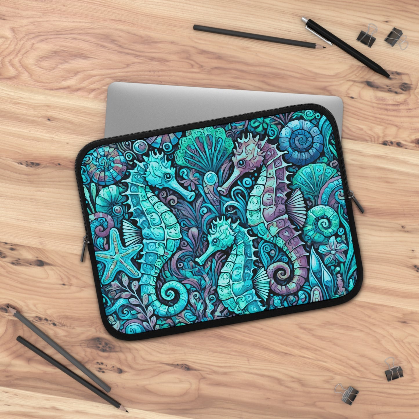 Tropical Laptop Sleeve, 5 Sizes - Perfect for Ocean Lovers & Students / Seahorse Trio, Turquoise