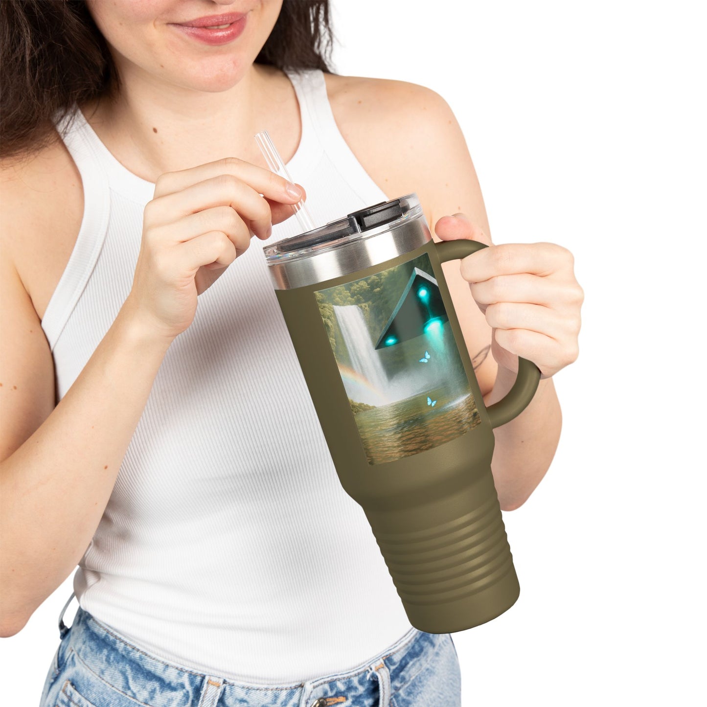 Insulated Travel Mug, 40oz / UFO and Waterfall in Rainforest