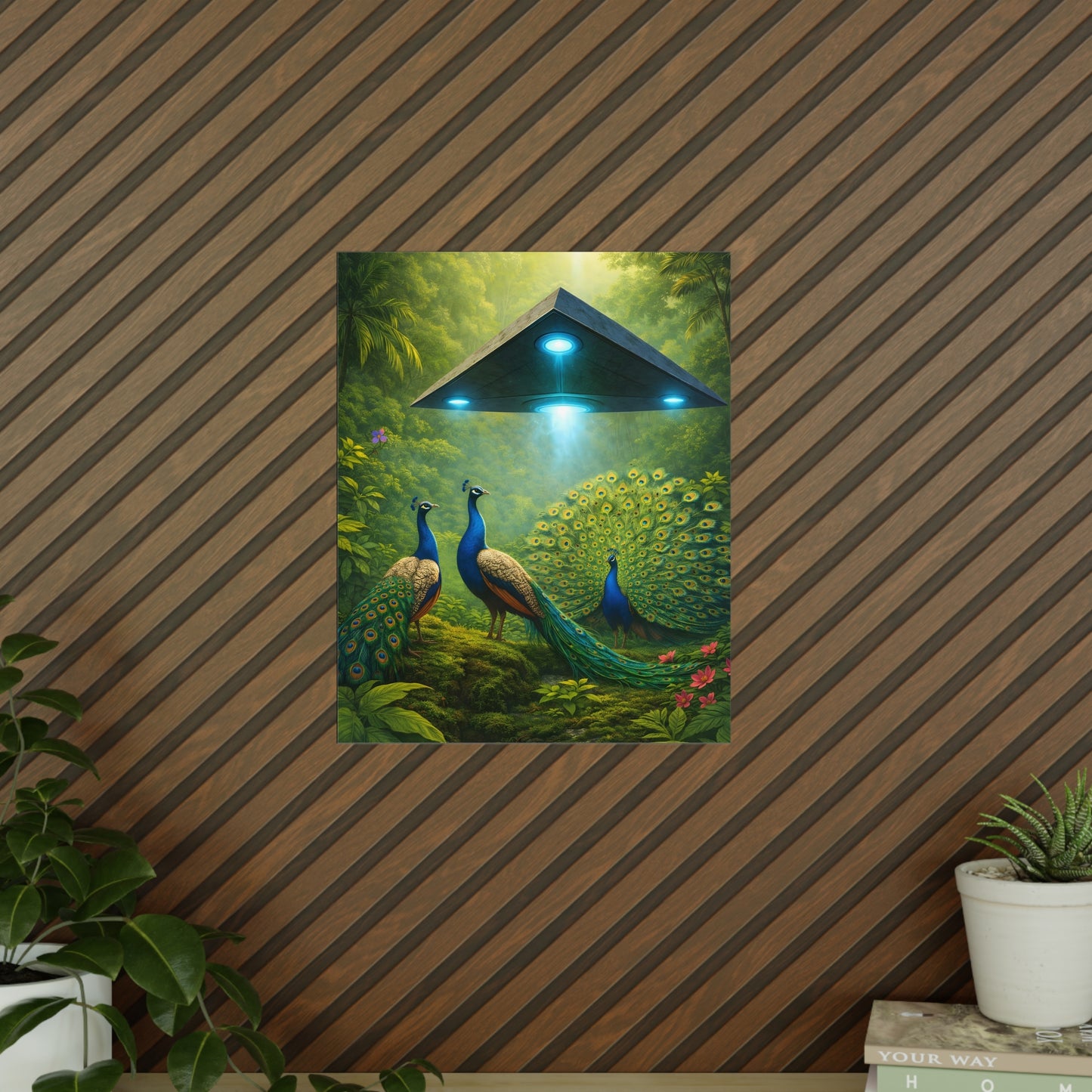 Photopaper Poster — UFO & Peacocks Sci‑Fi Wall Art